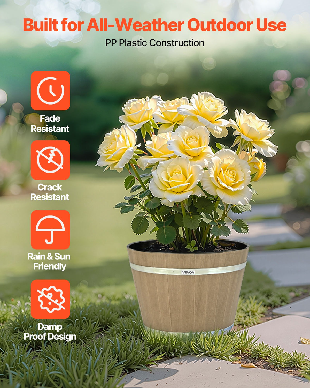 VEVOR Plant Pots, 4 Pack 300 mm Whiskey Barrel Planters with Drainage Holes, Large Outside Plastic Decoration Flower Pot Imitation Wine Barrel Design for Indoor & Outdoor Garden Home Plants, Brown