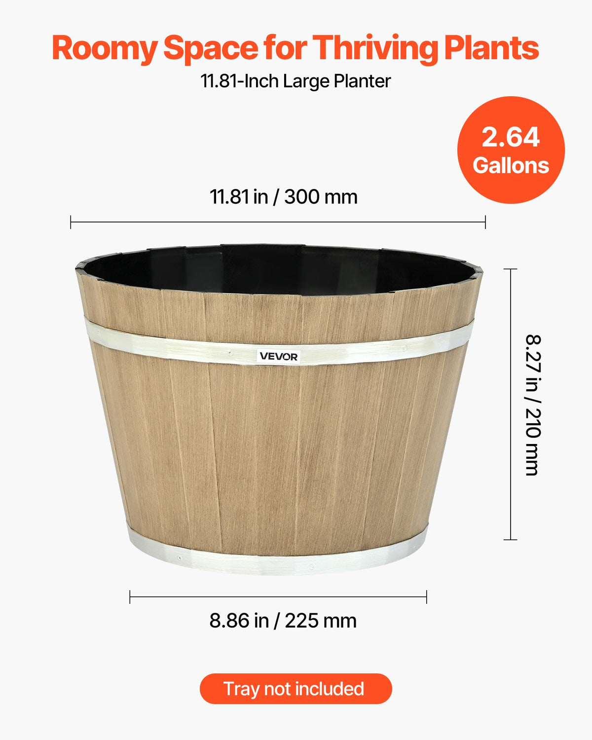 VEVOR Plant Pots, 4 Pack 300 mm Whiskey Barrel Planters with Drainage Holes, Large Outside Plastic Decoration Flower Pot Imitation Wine Barrel Design for Indoor & Outdoor Garden Home Plants, Brown