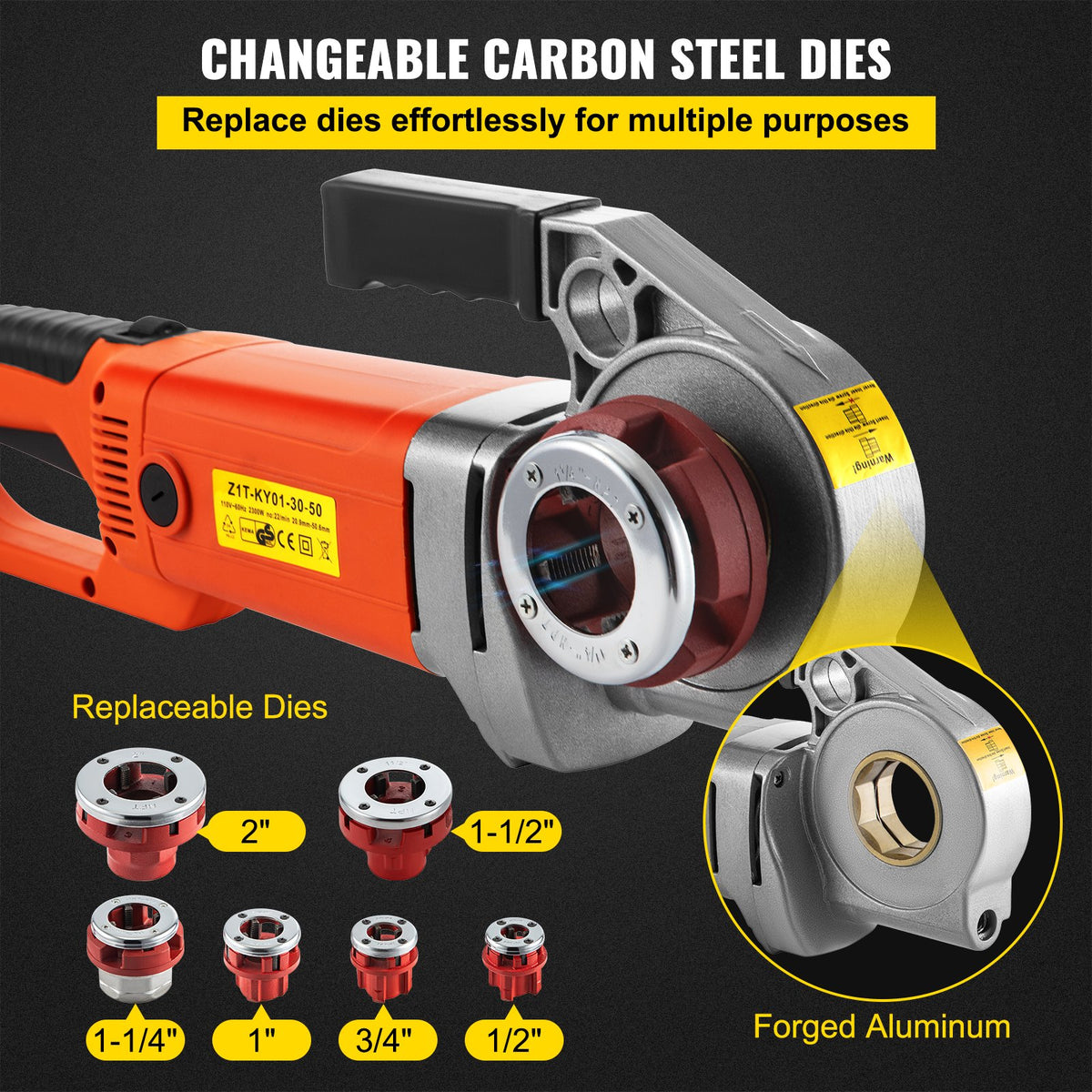 VEVOR Electric Pipe Threader, 2300W Pipe Threading Machine, Heavy-Duty Hand-Held Power Drive Kit, 220V Pipe Threader Machine, Portable Pipe Threader with 6 Dies 1.27-5.1 cm