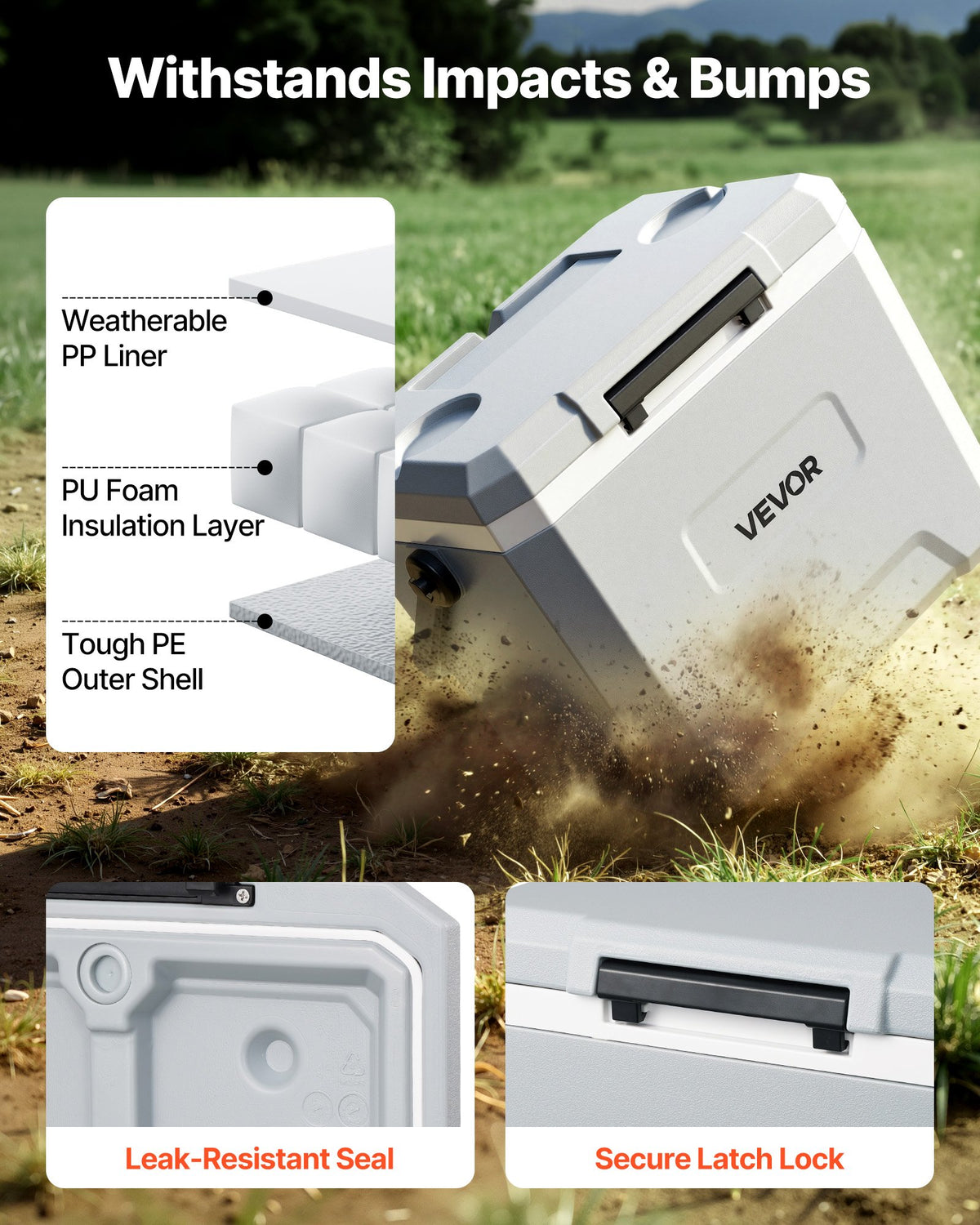 VEVOR Hard Cooler, 16L Portable Cooler, Leak-Resistant Coolbox Keeps Contents Cool for 48 Hours, Insulated Chests with Ice Retention and Heavy-Duty Handle, Ultra-Light for Camping, Concerts, Sports