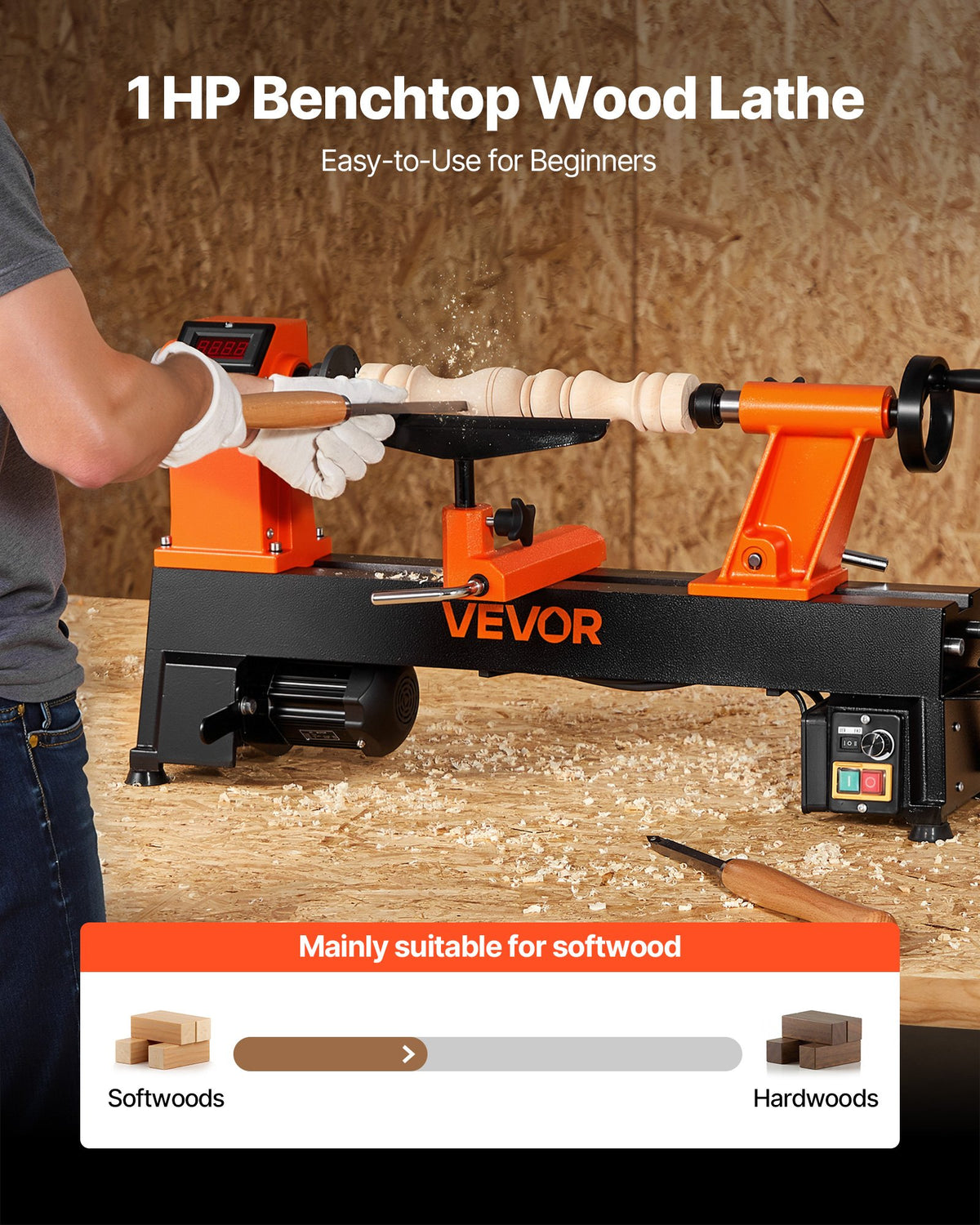 VEVOR Woodworking Lathe, 750W / 1 HP, Benchtop Wood Lathe Machine with 150 to 3800 RPM Variable Speed, 304 x 465 mm Workbench, Brushless DC Motor, Cast Iron Construction, for Beginners DIY Enthusiasts Woodworking