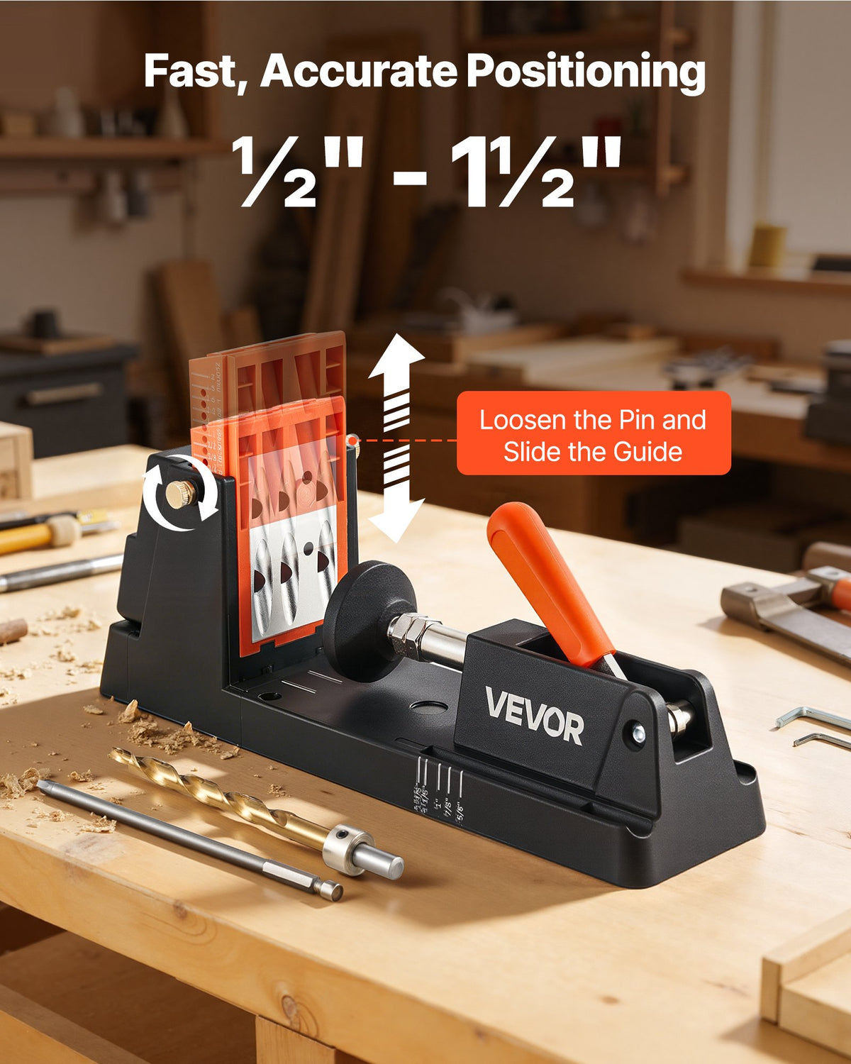 VEVOR Pocket Hole Jig Kit, 12.7 to 38.1 mm Adjustable, Lightweight Jig Pocket Hole System with Dust Collection Adapter, Detachable Guide Block, Drill Bit, Stop Collar, Easy Adjusting, for Woodworking