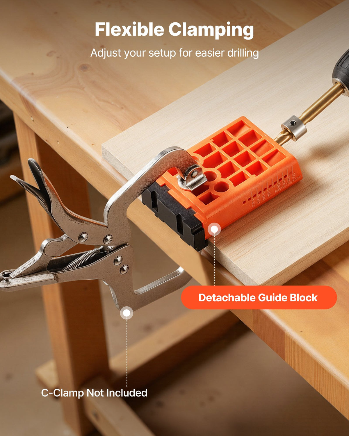 VEVOR Pocket Hole Jig Kit, 12.7 to 38.1 mm Adjustable, Lightweight Jig Pocket Hole System with Dust Collection Adapter, Detachable Guide Block, Drill Bit, Stop Collar, Easy Adjusting, for Woodworking