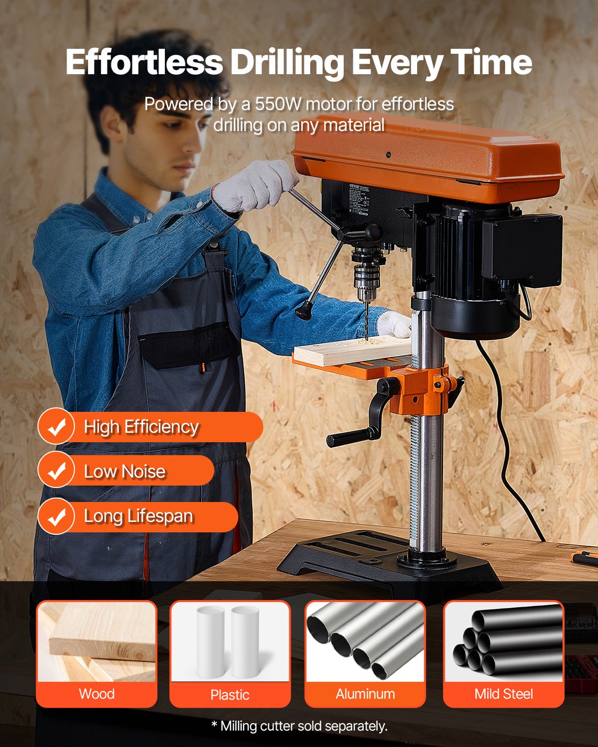 VEVOR 254 mm Benchtop Drill Press, 550W Induction Motor, Tabletop Drilling Machine with 550 / 950 / 1500 / 2000 / 2500 RPM Adjustable Speed, 0-45° Tilting Worktable, X-Ray Positioning, for Wood Metal
