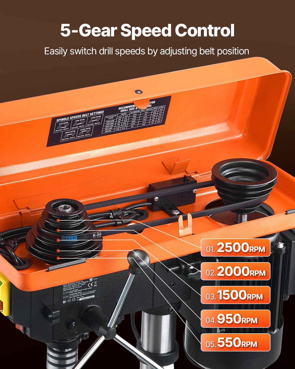VEVOR 254 mm Benchtop Drill Press, 550W Induction Motor, Tabletop Drilling Machine with 550 / 950 / 1500 / 2000 / 2500 RPM Adjustable Speed, 0-45° Tilting Worktable, X-Ray Positioning, for Wood Metal