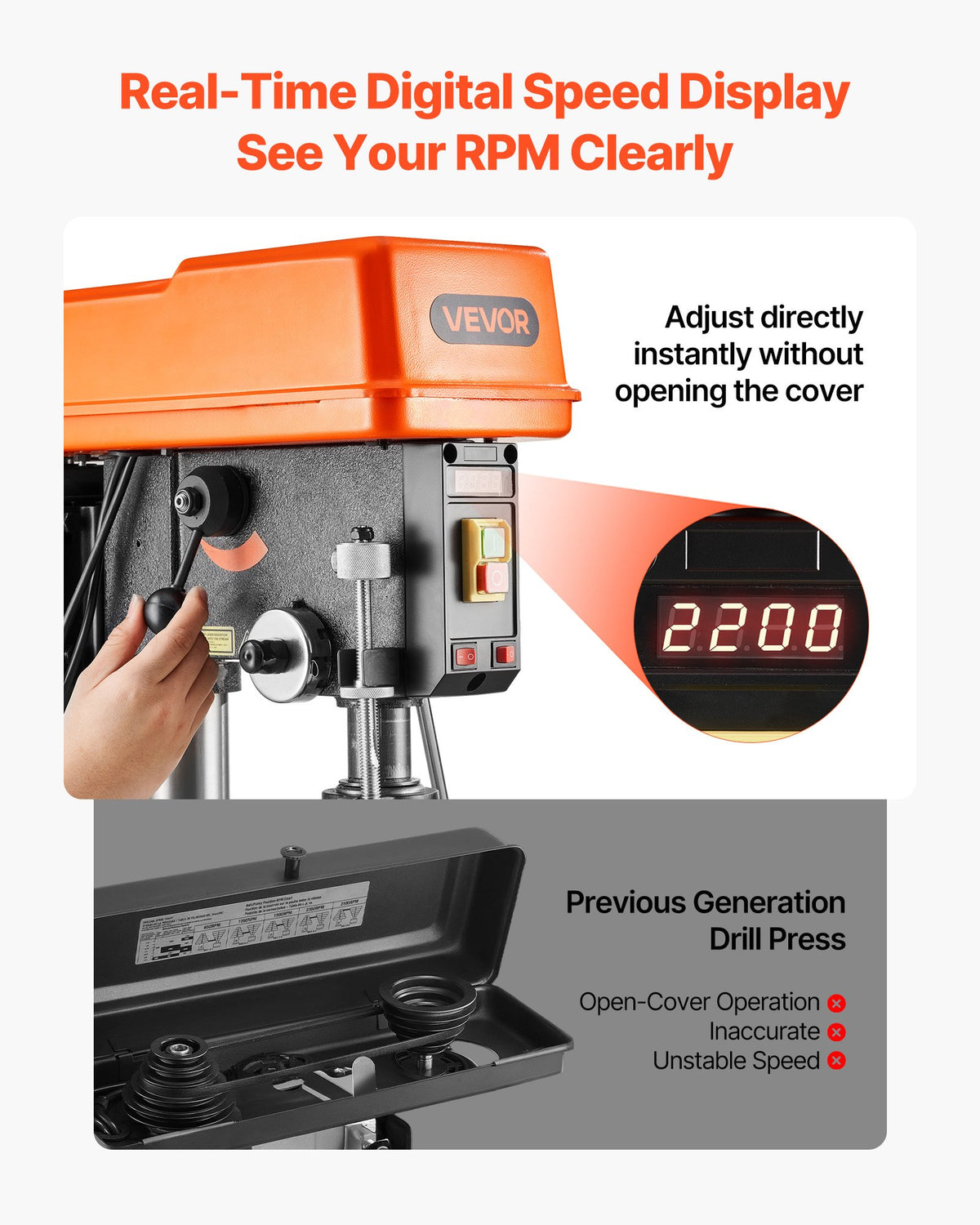 VEVOR 305 mm Benchtop Drill Press, 550W, Bench Drill Press, 340 to 2200 RPM Variable Speed, 0-45° Tilting Worktable, with Laser and LED Work Light, Tabletop Drilling Machine, for Woodworking, Metal