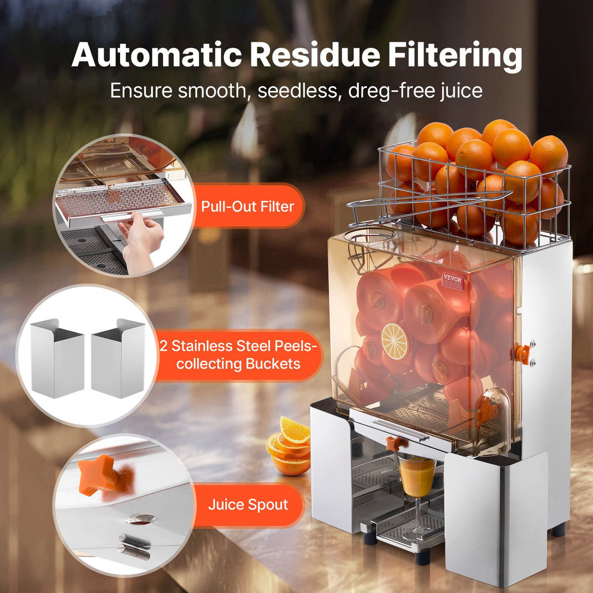 VEVOR Commercial Orange Juicer Machine, 120W Automatic Juice Extractor, Stainless Steel Orange Squeezer for 20 Oranges Per Minute, with Pull-Out Filter Box, PC Cover, 2 Peel Collecting Buckets