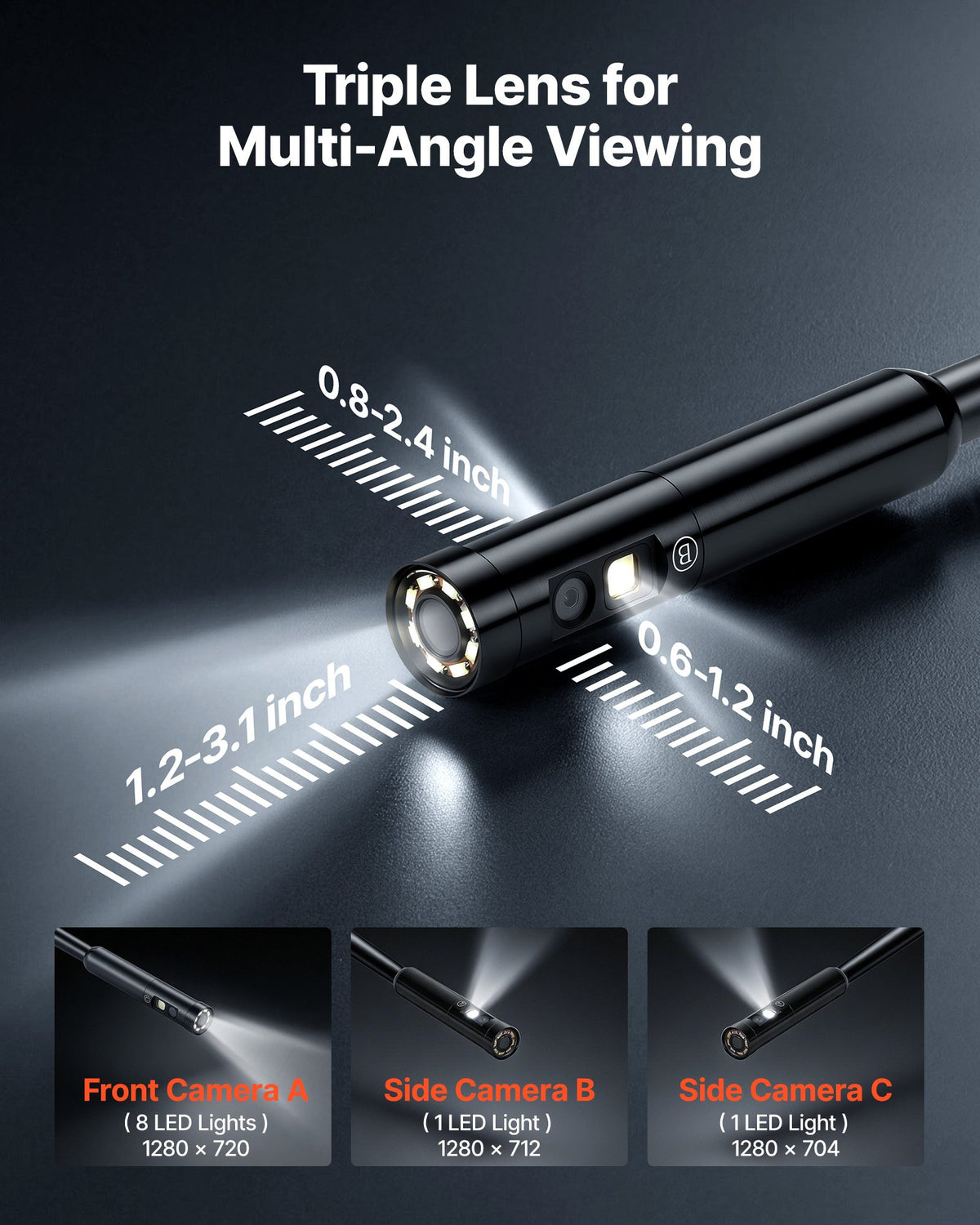 VEVOR Triple Lens Endoscope with 10m Newly Ultra-Rigid Cable, Industrial Borescope Camera with Light, 5" HD IPS Screen, 8 + 2 Lights, 8X Zoom, 5000mAh, IP67 Waterproof Snake Camera for Auto, Plumbing