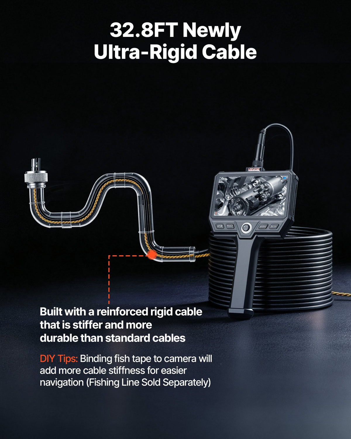 VEVOR Triple Lens Endoscope with 10m Newly Ultra-Rigid Cable, Industrial Borescope Camera with Light, 5" HD IPS Screen, 8 + 2 Lights, 8X Zoom, 5000mAh, IP67 Waterproof Snake Camera for Auto, Plumbing