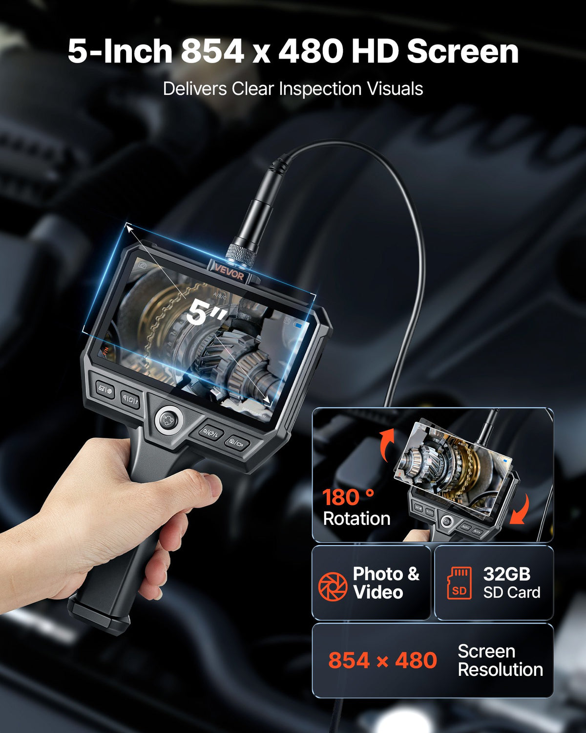 VEVOR Triple Lens Endoscope with 10m Newly Ultra-Rigid Cable, Industrial Borescope Camera with Light, 5" HD IPS Screen, 8 + 2 Lights, 8X Zoom, 5000mAh, IP67 Waterproof Snake Camera for Auto, Plumbing
