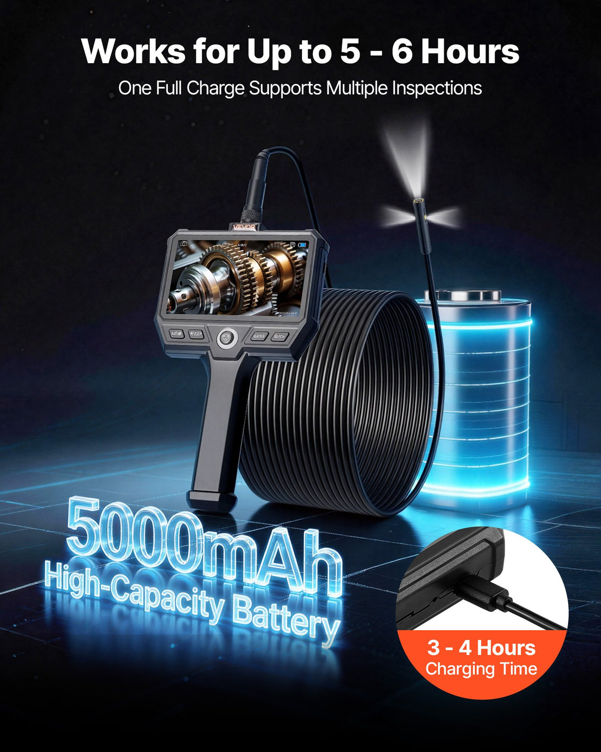 VEVOR Triple Lens Endoscope with 10m Newly Ultra-Rigid Cable, Industrial Borescope Camera with Light, 5" HD IPS Screen, 8 + 2 Lights, 8X Zoom, 5000mAh, IP67 Waterproof Snake Camera for Auto, Plumbing