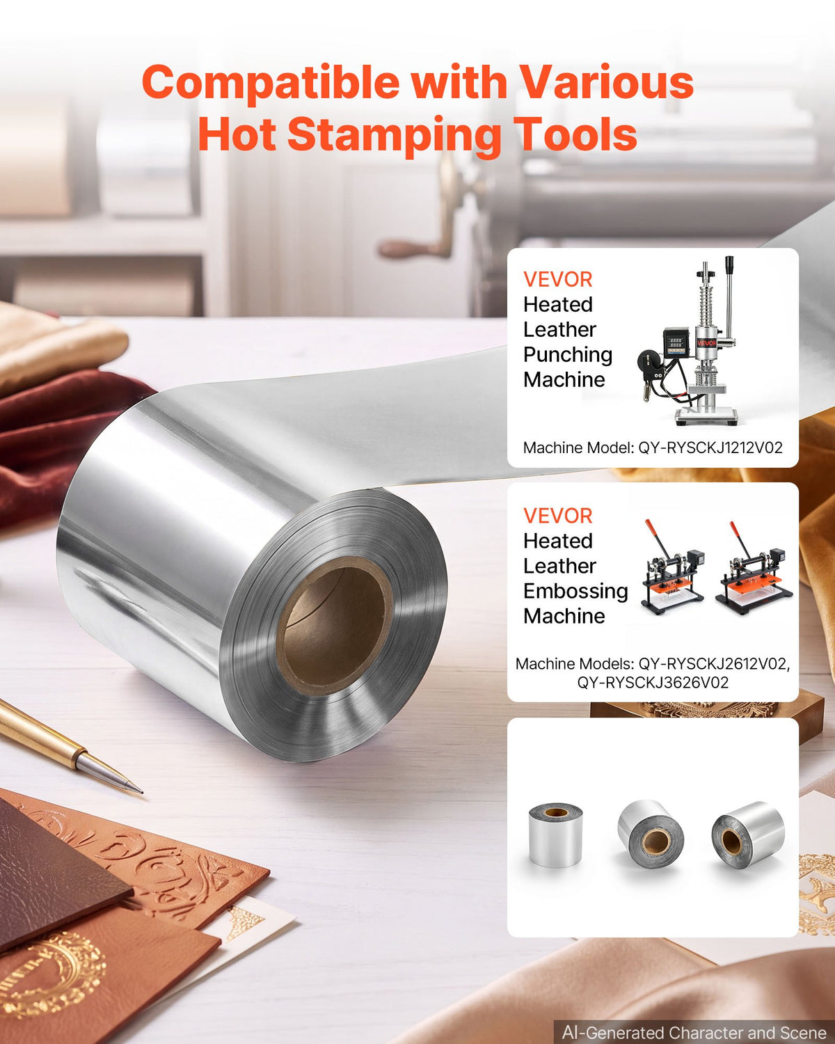 VEVOR Hot Stamping Foil Paper 6 cm x 120 m Extra Long Silver Heat Foil Roll, Compatible with VEVOR Heated Leather Punching and Embossing Machine, Rich Color, Fine Texture, for Paper, Wood and Plastic