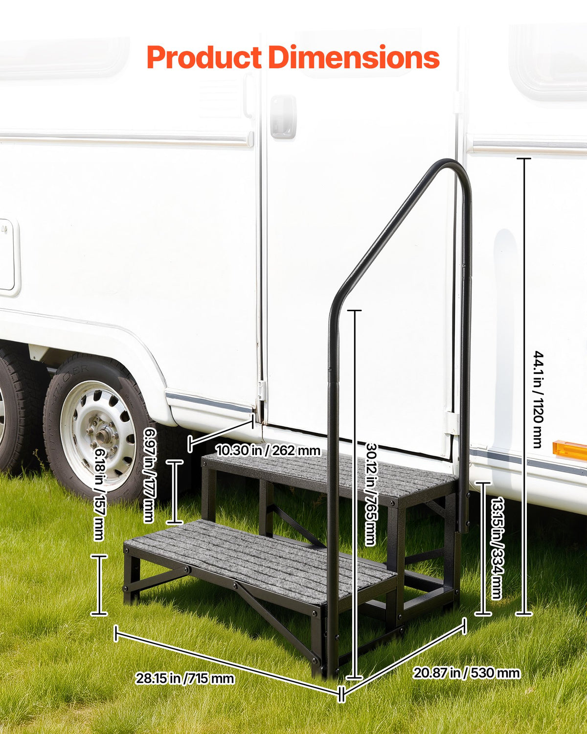 VEVOR RV Steps with Handrail, 2 Steps, 660 lbs Load Capacity, Heavy Duty Outdoor RV Stairs with Non-Slip Mat for Elderly and Pets, Portable Stairs for Hot Tub, Camper, Mobile Home, Porch, Pool, SPA