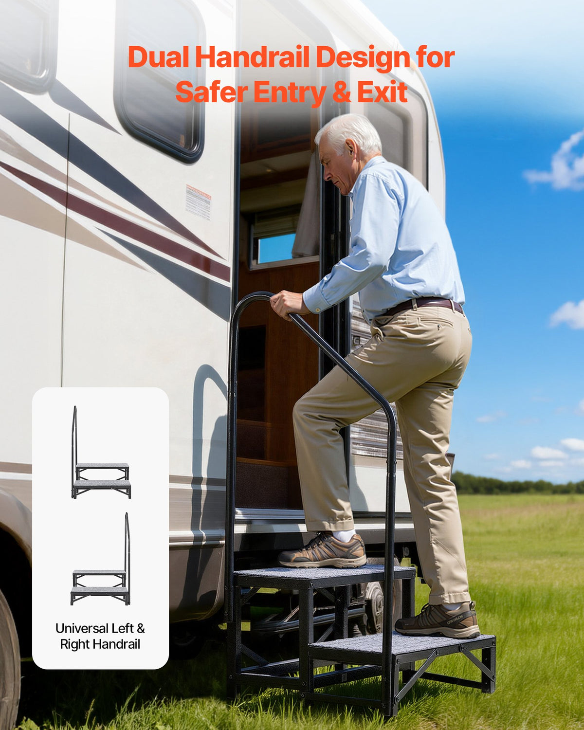 VEVOR RV Steps with Handrail, 2 Steps, 660 lbs Load Capacity, Heavy Duty Outdoor RV Stairs with Non-Slip Mat for Elderly and Pets, Portable Stairs for Hot Tub, Camper, Mobile Home, Porch, Pool, SPA