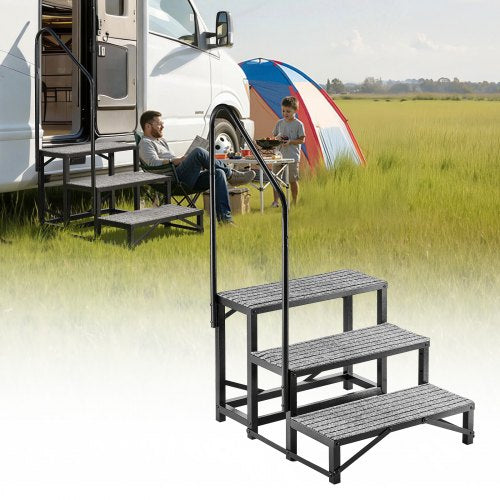 VEVOR RV Steps with Handrail, 3 Steps, 300 kg Load Capacity, Heavy Duty Outdoor RV Stairs with Non-Slip Mat for Elderly and Pets, Portable Stairs for Hot Tub, Camper, Mobile Home, Porch, Pool, SPA