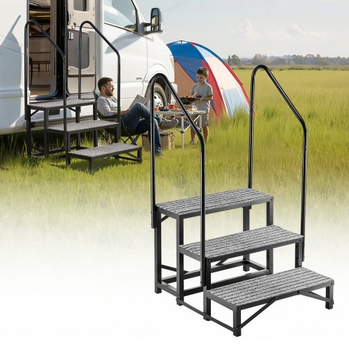 VEVOR RV Steps with Dual Handrails, 3 Steps, 300 kg Load Capacity, Heavy Duty Outdoor RV Stairs with Non-Slip Mat for Elderly/Pets, Portable Stairs for Hot Tub, Camper, Mobile Home, Porch, Pool, SPA