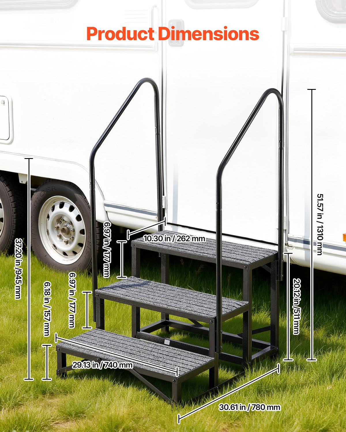 VEVOR RV Steps with Dual Handrails, 3 Steps, 300 kg Load Capacity, Heavy Duty Outdoor RV Stairs with Non-Slip Mat for Elderly/Pets, Portable Stairs for Hot Tub, Camper, Mobile Home, Porch, Pool, SPA