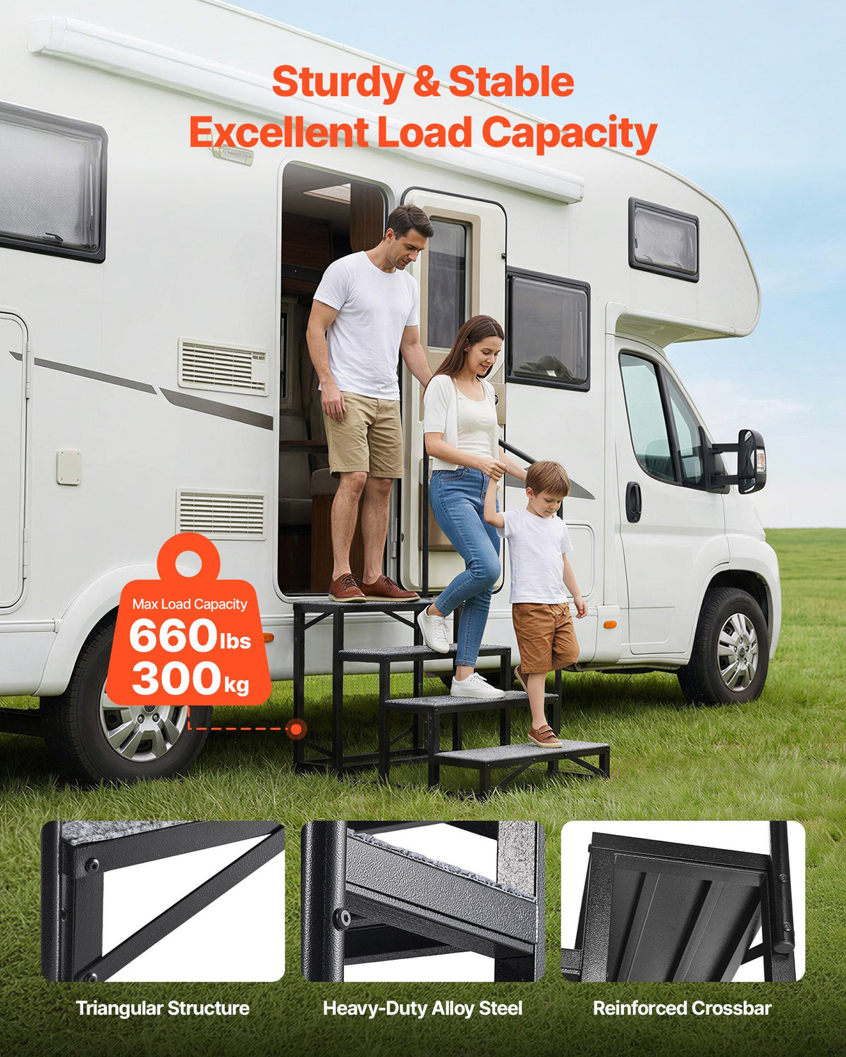 VEVOR RV Steps with Handrail, 4 Steps, 300 kg Load Capacity, Heavy Duty Outdoor RV Stairs with Non-Slip Mat for Elderly and Pets, Portable Stairs for Hot Tub, Camper, Mobile Home, Porch, Pool, SPA