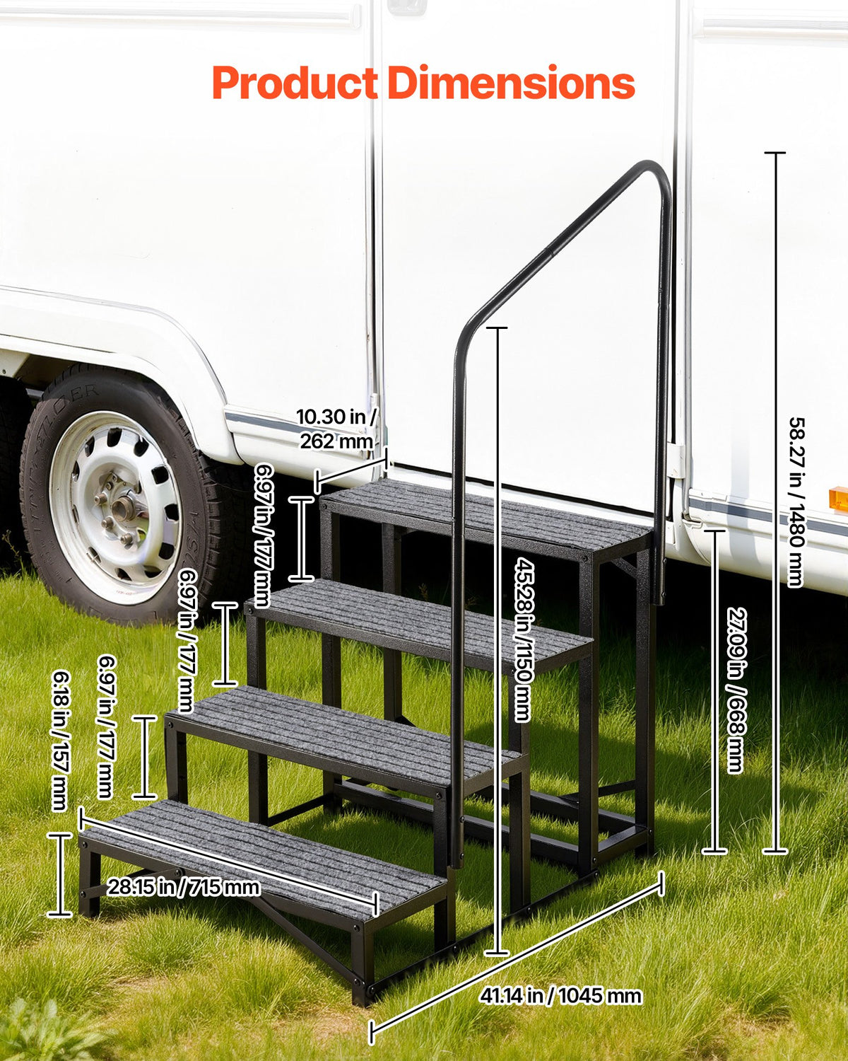 VEVOR RV Steps with Handrail, 4 Steps, 300 kg Load Capacity, Heavy Duty Outdoor RV Stairs with Non-Slip Mat for Elderly and Pets, Portable Stairs for Hot Tub, Camper, Mobile Home, Porch, Pool, SPA