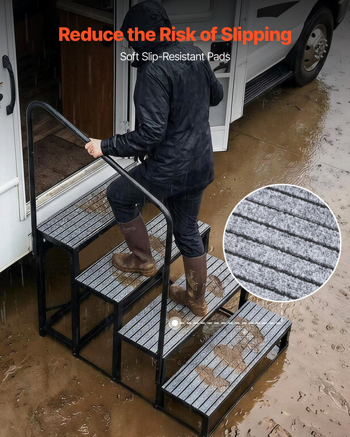 VEVOR RV Steps with Handrail, 4 Steps, 300 kg Load Capacity, Heavy Duty Outdoor RV Stairs with Non-Slip Mat for Elderly and Pets, Portable Stairs for Hot Tub, Camper, Mobile Home, Porch, Pool, SPA