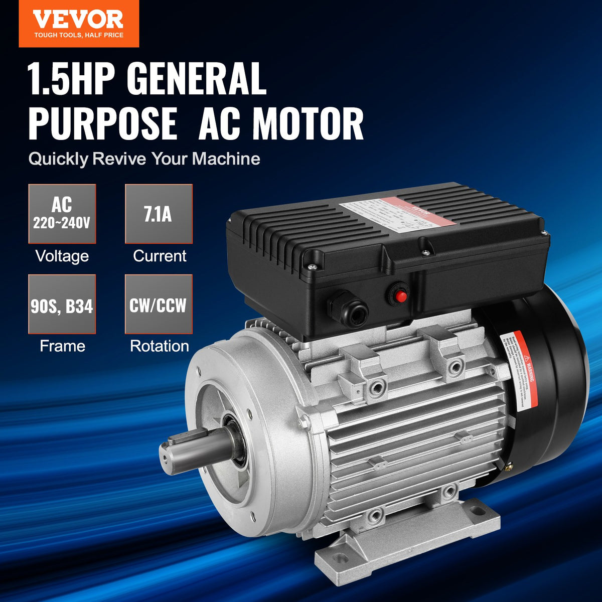 VEVOR 1.1KW Electric Motor 2800 rpm, AC 220~240V 7.1A, 90S, B34 Frame, Air Compressor Motor Single Phase, 24mm Keyed Shaft, CW/CCW Rotation for Agricultural Machinery and General Equipment