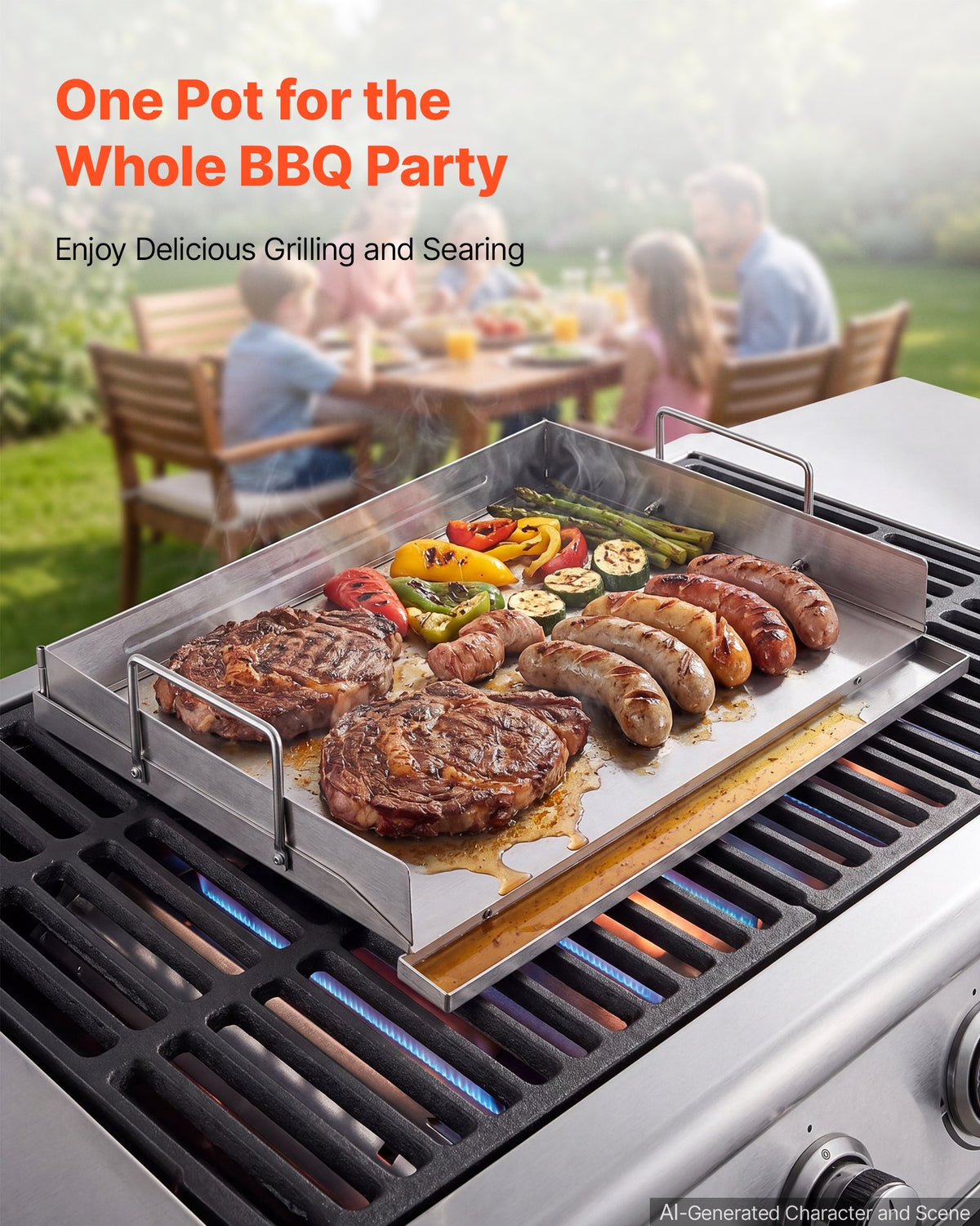 VEVOR Stacmless Steel Griddle 46x41 cm Flat Top Outdoor Plate with Handle, for BBQ Eggs Burger, Even Heat Distribution, Portable Rectangular Family Cookware for Gas Grill/Stove and Oven