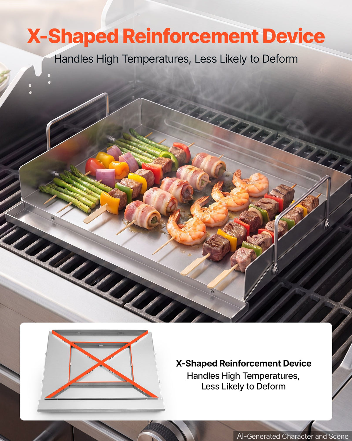 VEVOR Stacmless Steel Griddle 46x41 cm Flat Top Outdoor Plate with Handle, for BBQ Eggs Burger, Even Heat Distribution, Portable Rectangular Family Cookware for Gas Grill/Stove and Oven