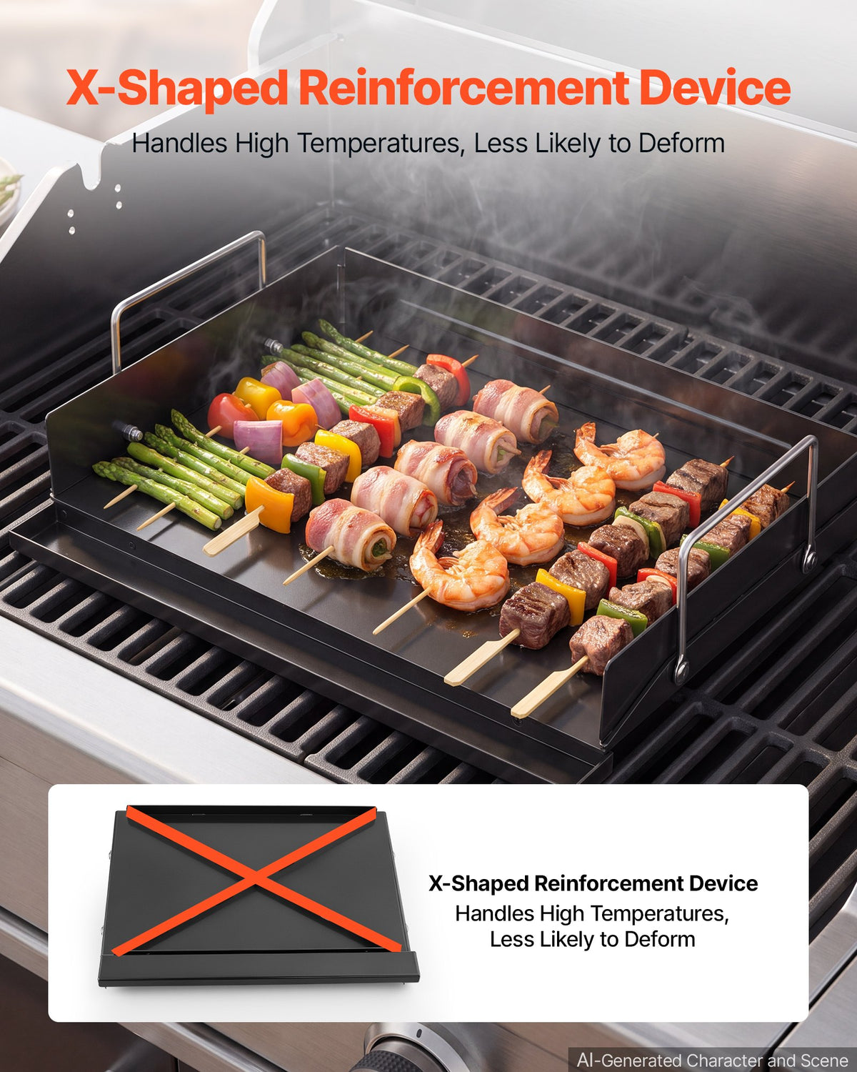 VEVOR Carbon Steel Griddle 43x29 cm Flat Top Pre-Seasoned Plate Handle, for BBQ Eggs Burger, Even Heat Distribution, Non-Stick Portable Rectangular Family Cookware for Outdoor Gas Grill/Stove, Oven