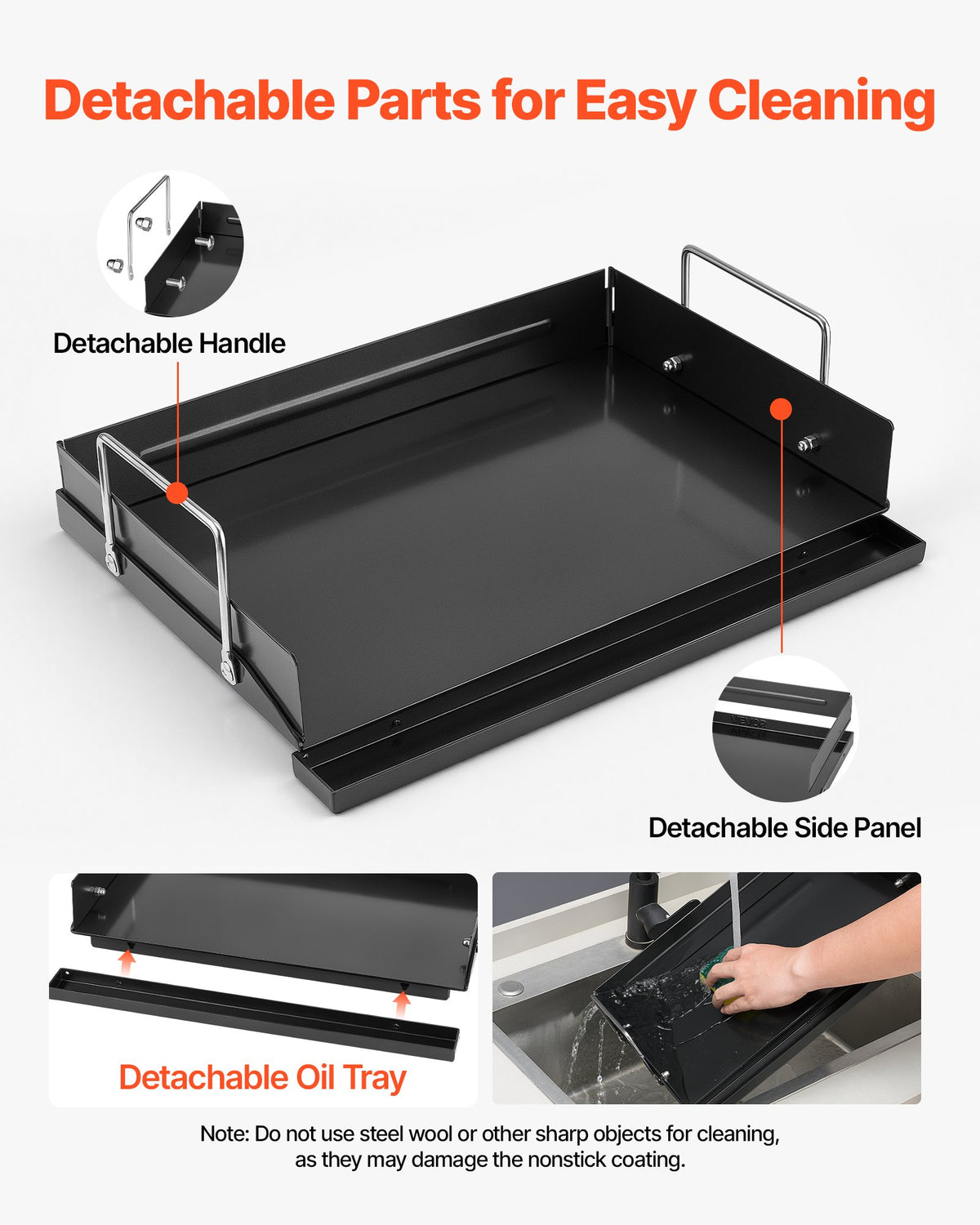 VEVOR Carbon Steel Griddle 43x29 cm Flat Top Pre-Seasoned Plate Handle, for BBQ Eggs Burger, Even Heat Distribution, Non-Stick Portable Rectangular Family Cookware for Outdoor Gas Grill/Stove, Oven