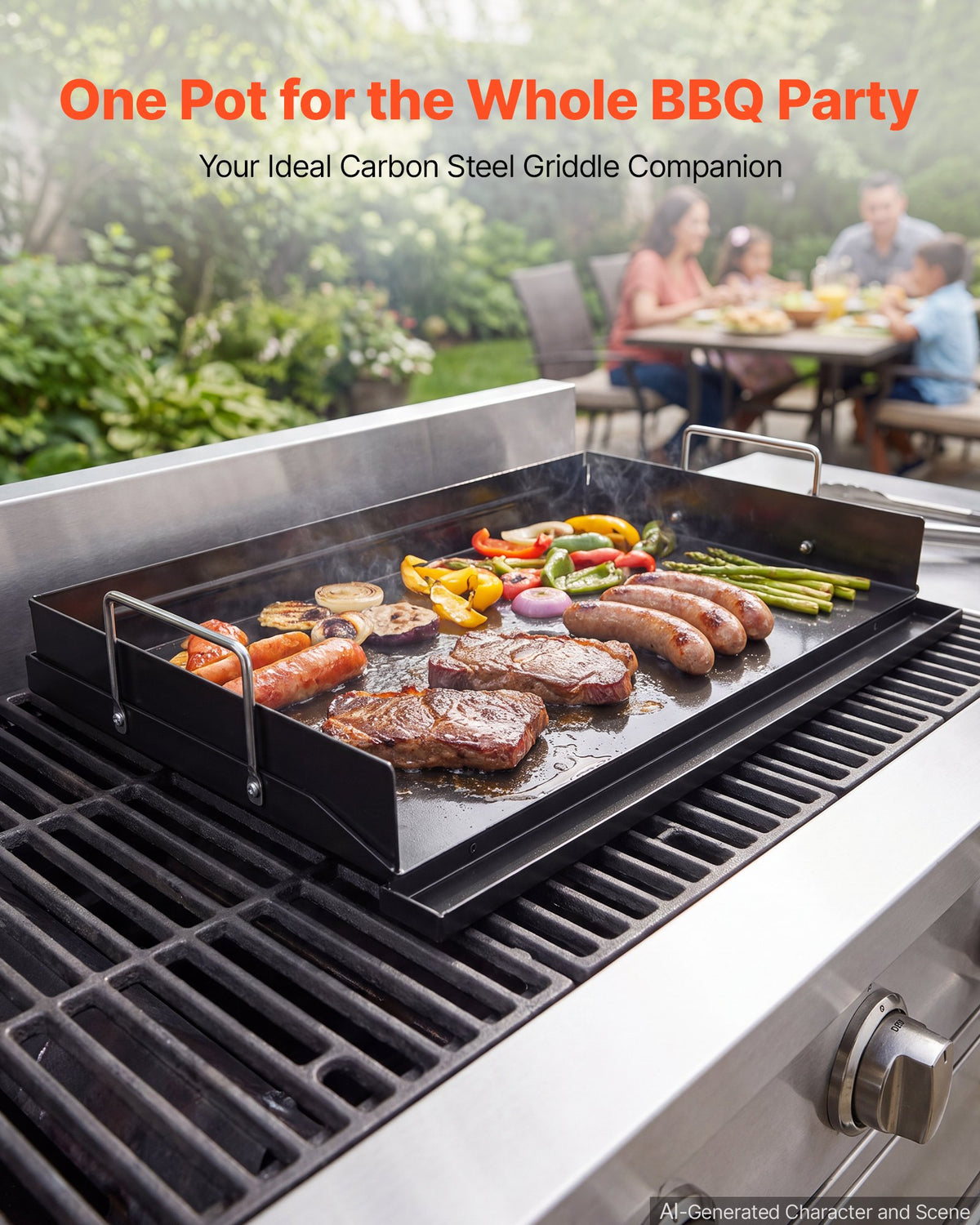 VEVOR Carbon Steel Griddle 63x41 cm Flat Top Pre-Seasoned Plate Handle, for BBQ Eggs Burger, Even Heat Distribution, Non-Stick Portable Rectangular Family Cookware for Outdoor Gas Grill/Stove, Oven