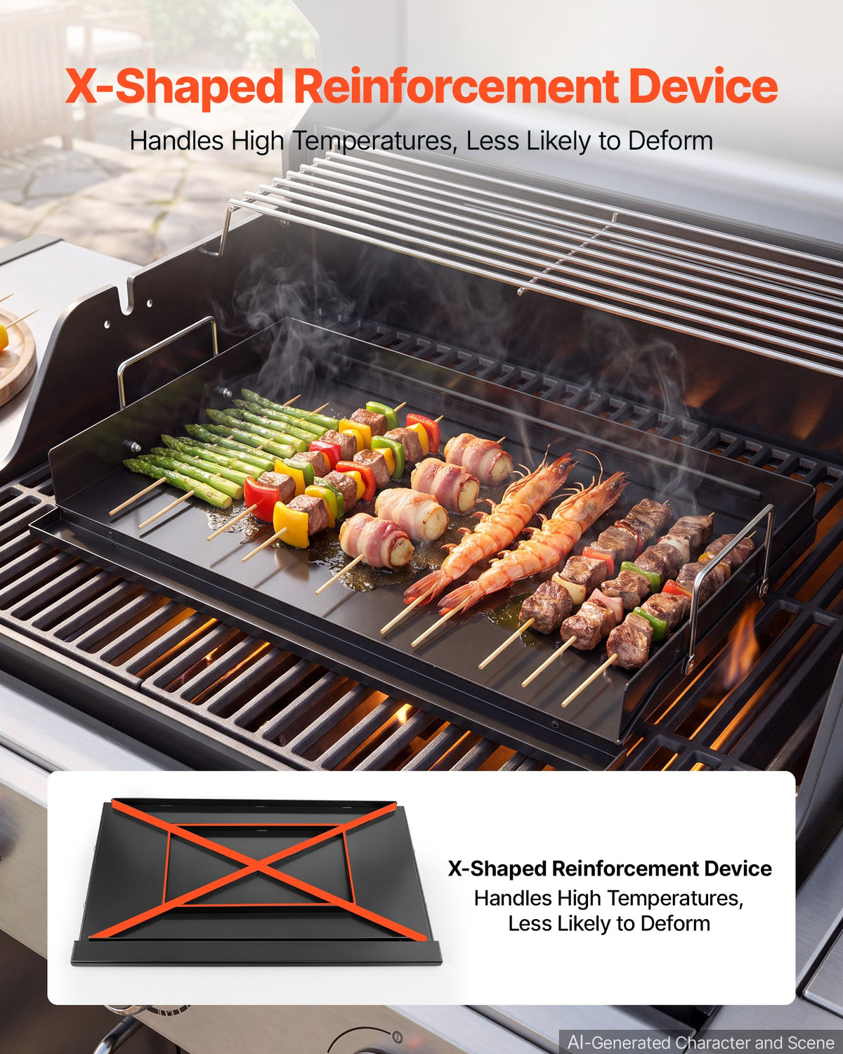 VEVOR Carbon Steel Griddle 63x41 cm Flat Top Pre-Seasoned Plate Handle, for BBQ Eggs Burger, Even Heat Distribution, Non-Stick Portable Rectangular Family Cookware for Outdoor Gas Grill/Stove, Oven