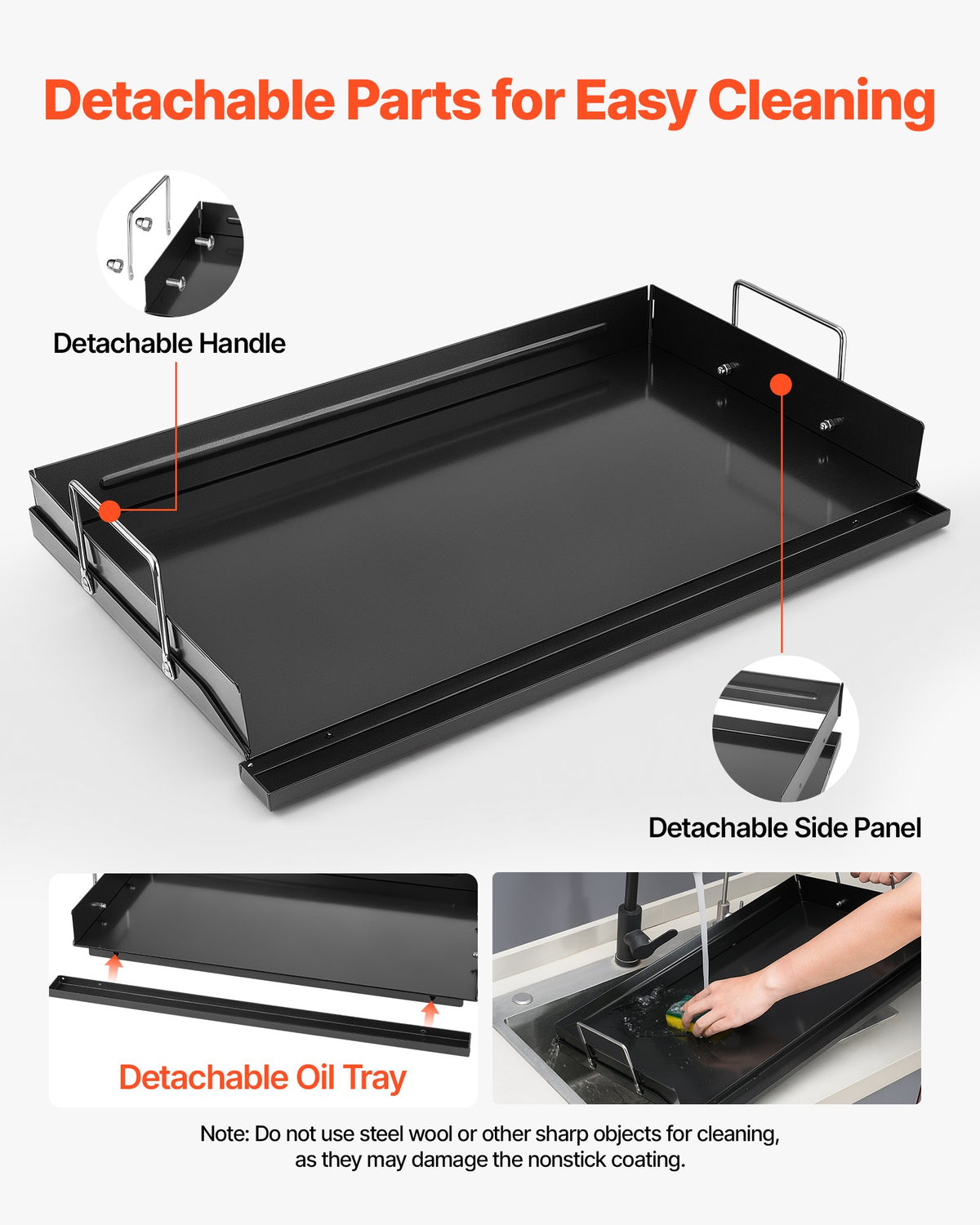 VEVOR Carbon Steel Griddle 63x41 cm Flat Top Pre-Seasoned Plate Handle, for BBQ Eggs Burger, Even Heat Distribution, Non-Stick Portable Rectangular Family Cookware for Outdoor Gas Grill/Stove, Oven
