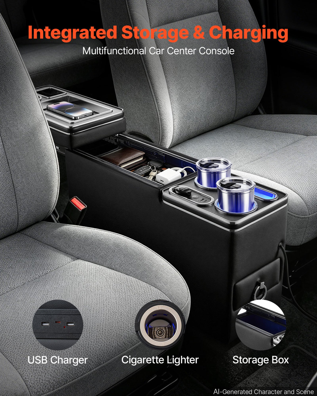 VEVOR Center Console Storage Box Between Seat with 7-Color Ambient Lights, USB/Type-C/Cigarette Lighter Charging, Floor Console Tools Organizer with Cups & Phone Holder for Trucks, SUVs, Minivans