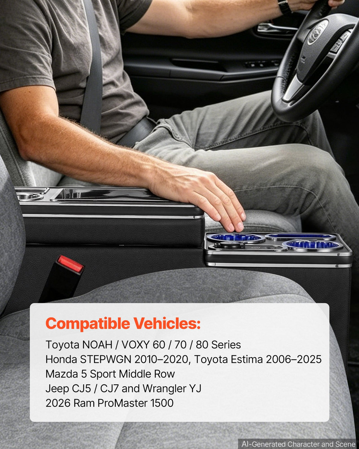 VEVOR Center Console Storage Box Between Seat with 7-Color Ambient Lights, USB/Type-C/Cigarette Lighter Charging, Floor Console Tools Organizer with Cups & Phone Holder for Trucks, SUVs, Minivans