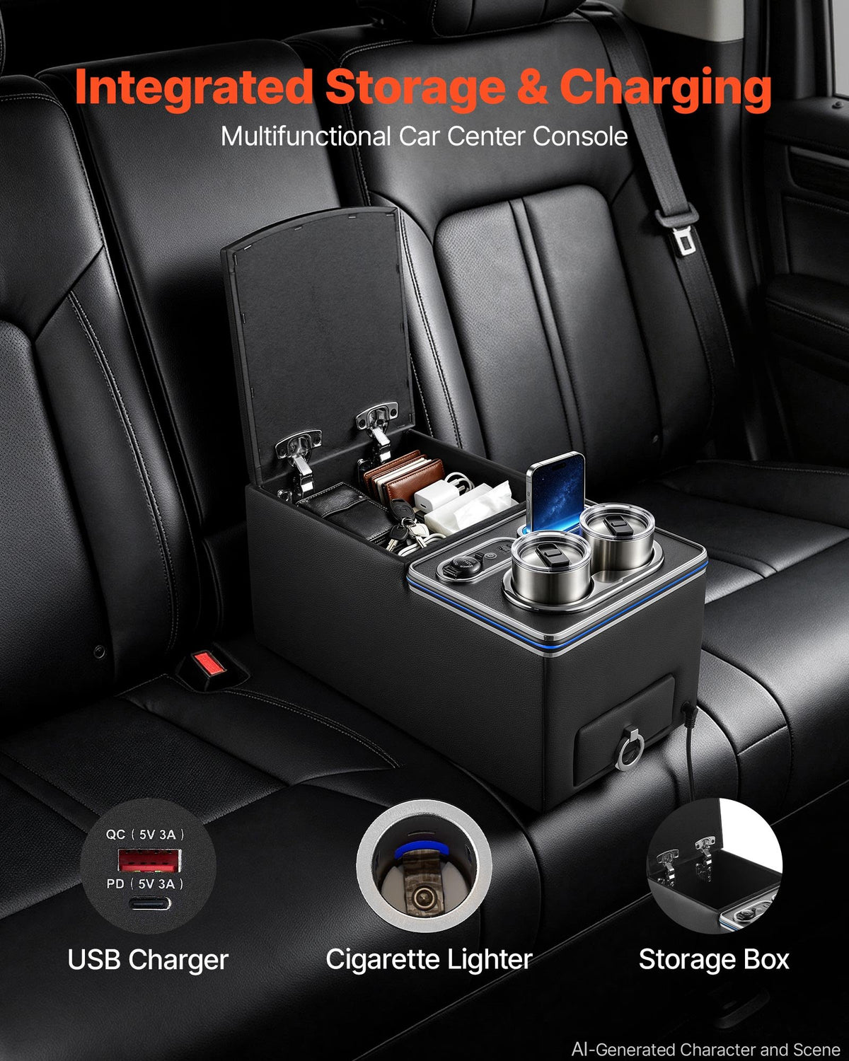 VEVOR Universal Rear Bench Seat Center Console with 7-Color Ambient Lights, USB/Type-C/Cigarette Lighter Charging, Back Seat Central Console Organizer with Cup & Phone Holders for MPV, Sedan, SUV
