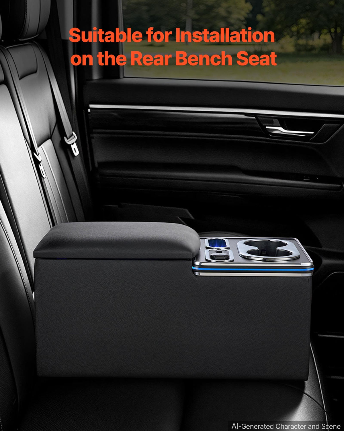 VEVOR Universal Rear Bench Seat Center Console with 7-Color Ambient Lights, USB/Type-C/Cigarette Lighter Charging, Back Seat Central Console Organizer with Cup & Phone Holders for MPV, Sedan, SUV