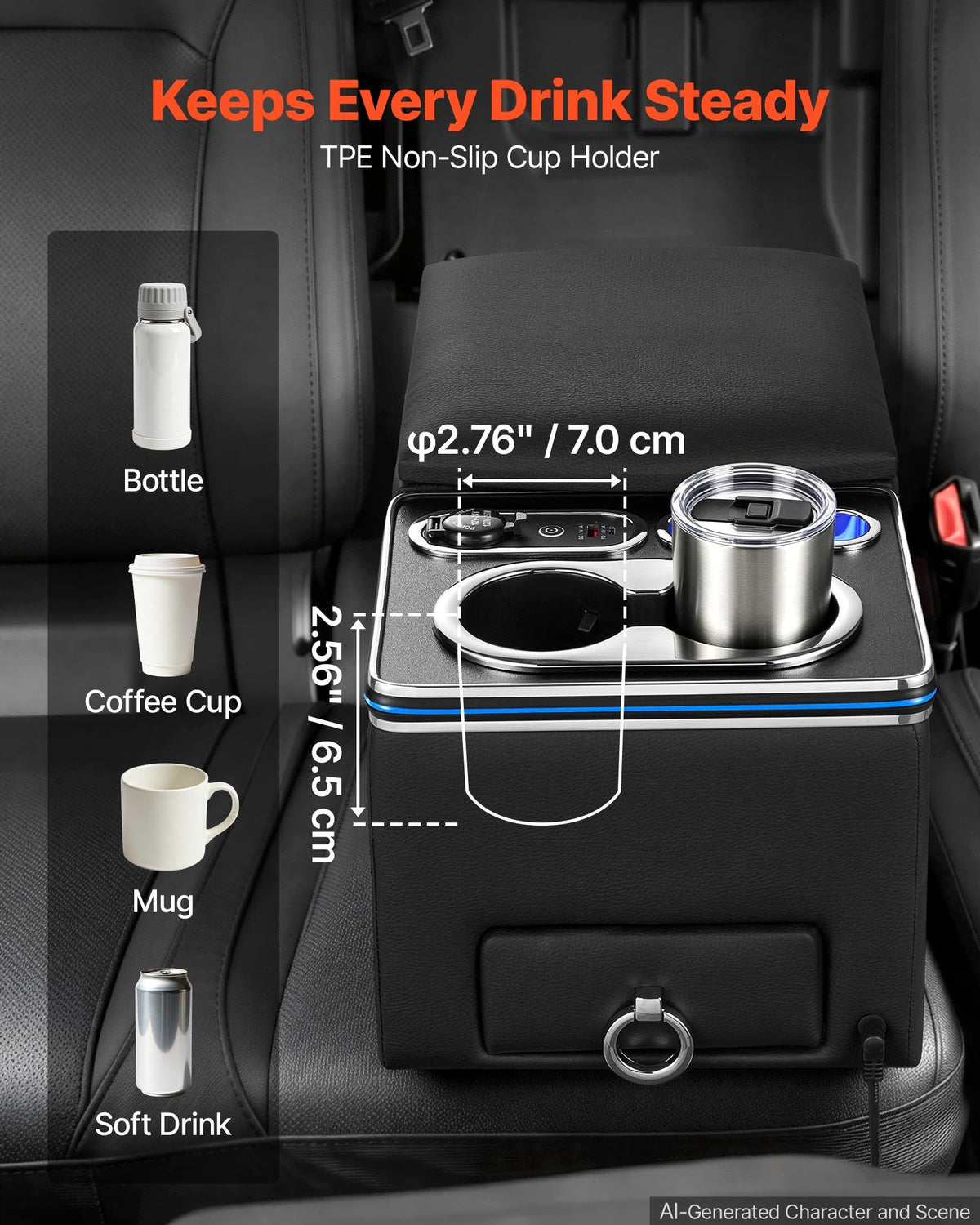 VEVOR Universal Rear Bench Seat Center Console with 7-Color Ambient Lights, USB/Type-C/Cigarette Lighter Charging, Back Seat Central Console Organizer with Cup & Phone Holders for MPV, Sedan, SUV