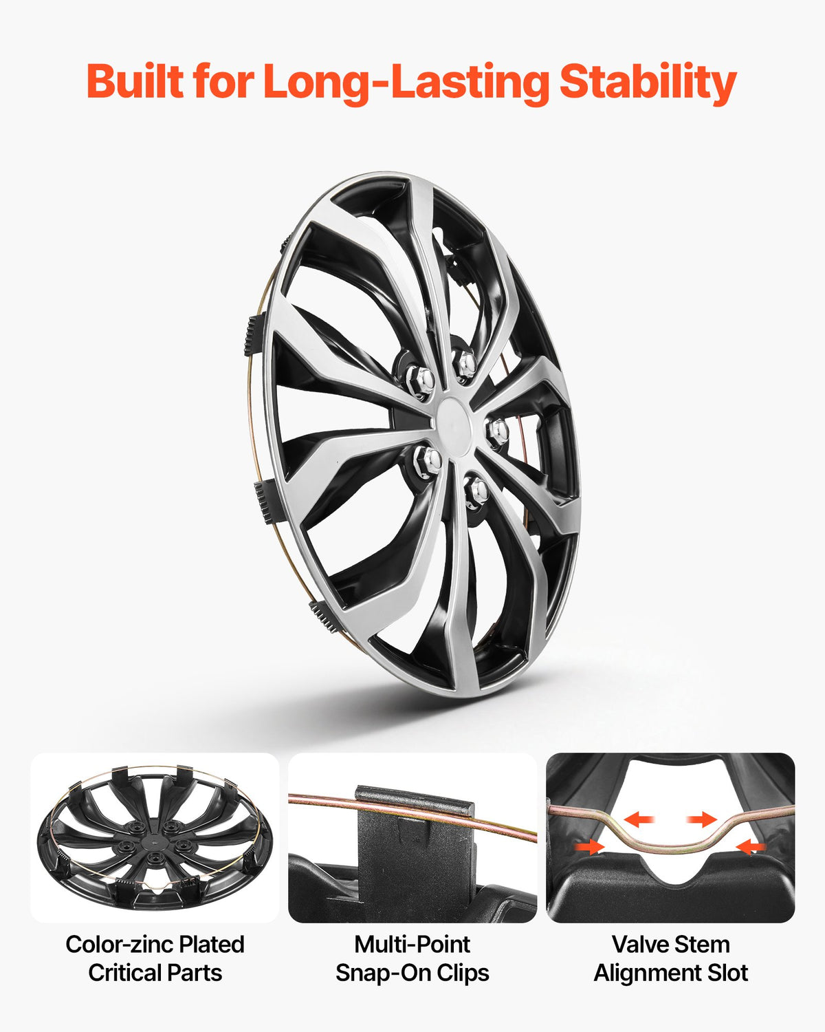 VEVOR Hubcaps Wheel Covers, 16 Inch Set of 4 Wheel Rim Cover Hubcaps OEM Replacement, R16 Size Snap On Car Hub Caps, Universal 10-Spoke ABS Tire Rim Caps for Hyundai Chevrolet Ford Honda, Silver/Black