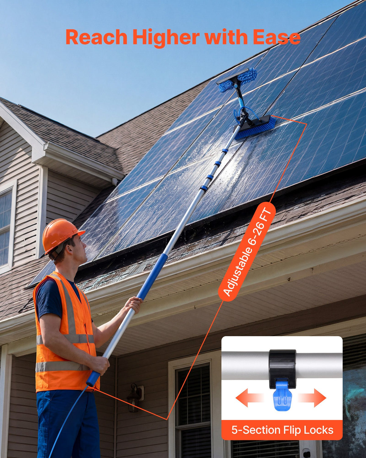 VEVOR Solar Panel Cleaning Kit, 7.885 m, Water Fed Pole Kit with Cleaning Brush, Soap Dispenser, Extendable Aluminum Telescopic Pole, 180° Rotatable Brush Head, for Roof Mounted Solar Panels, Windows