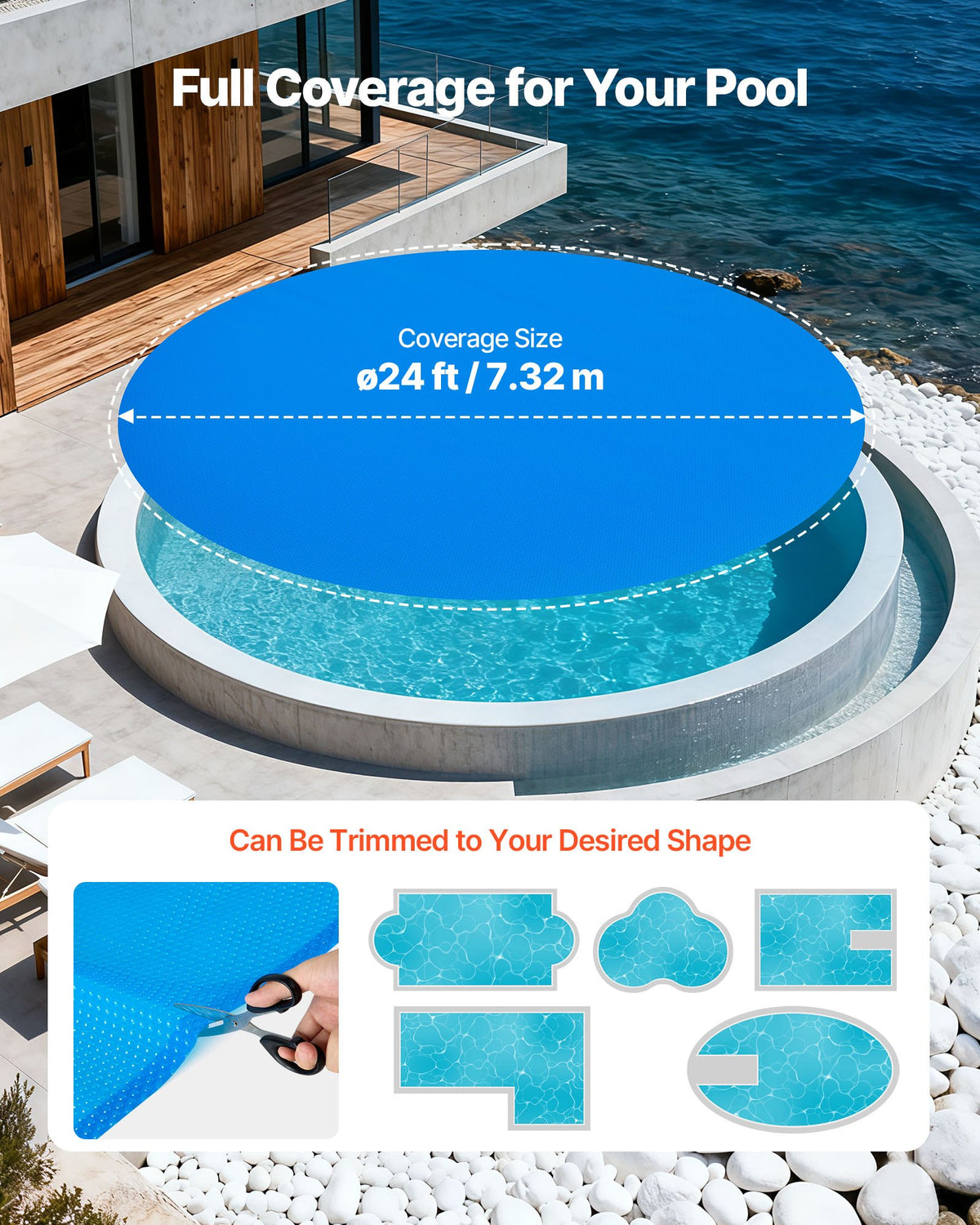 VEVOR Solar Pool Cover, 7.32m Round Pool Bubble Cover, 16 Mil Pools Solar Blanket with Bubble & PE Material, Daytime Heat Absorption, Nighttime Heat Retention, Heat Retaining Solars Covers, Blue