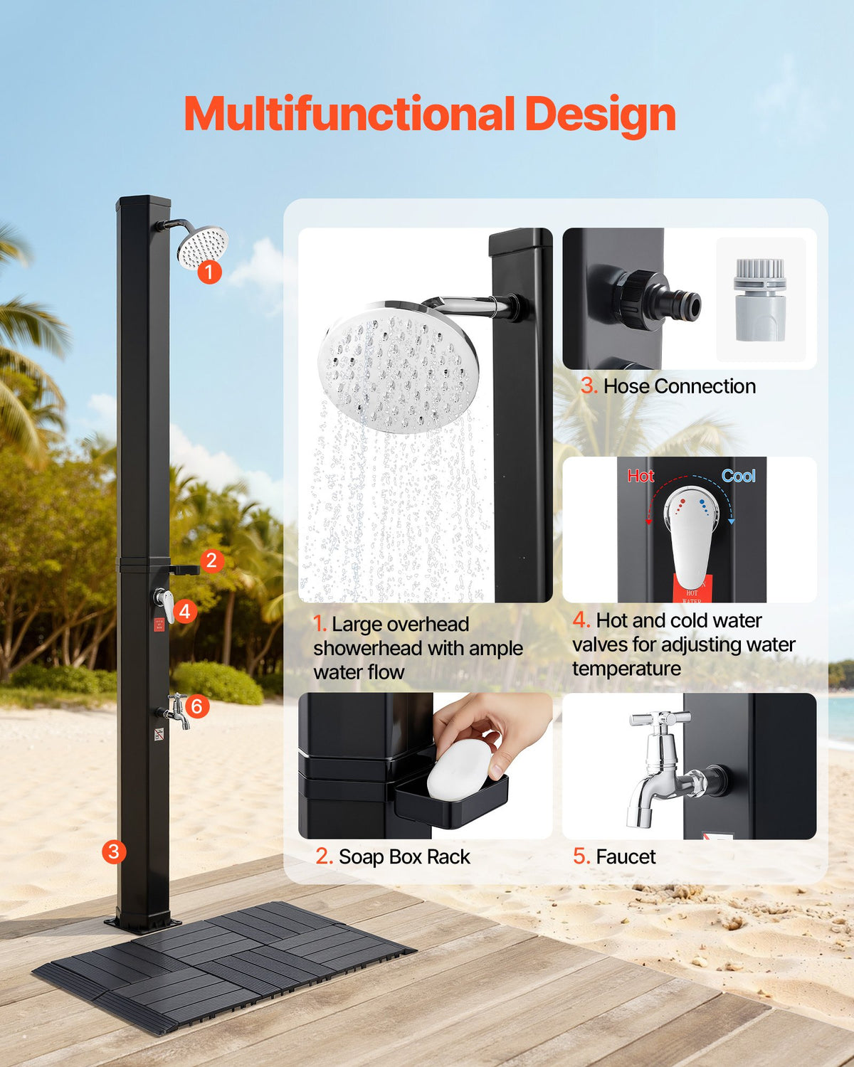 VEVOR 35L Solar Heated Shower, 195cm Showerhead Height Outdoor Shower, with Floor Kit & Foot Faucet, Hot & Cold Water Adjustment, Freestanding for Backyard Poolside Beach Pool,Black