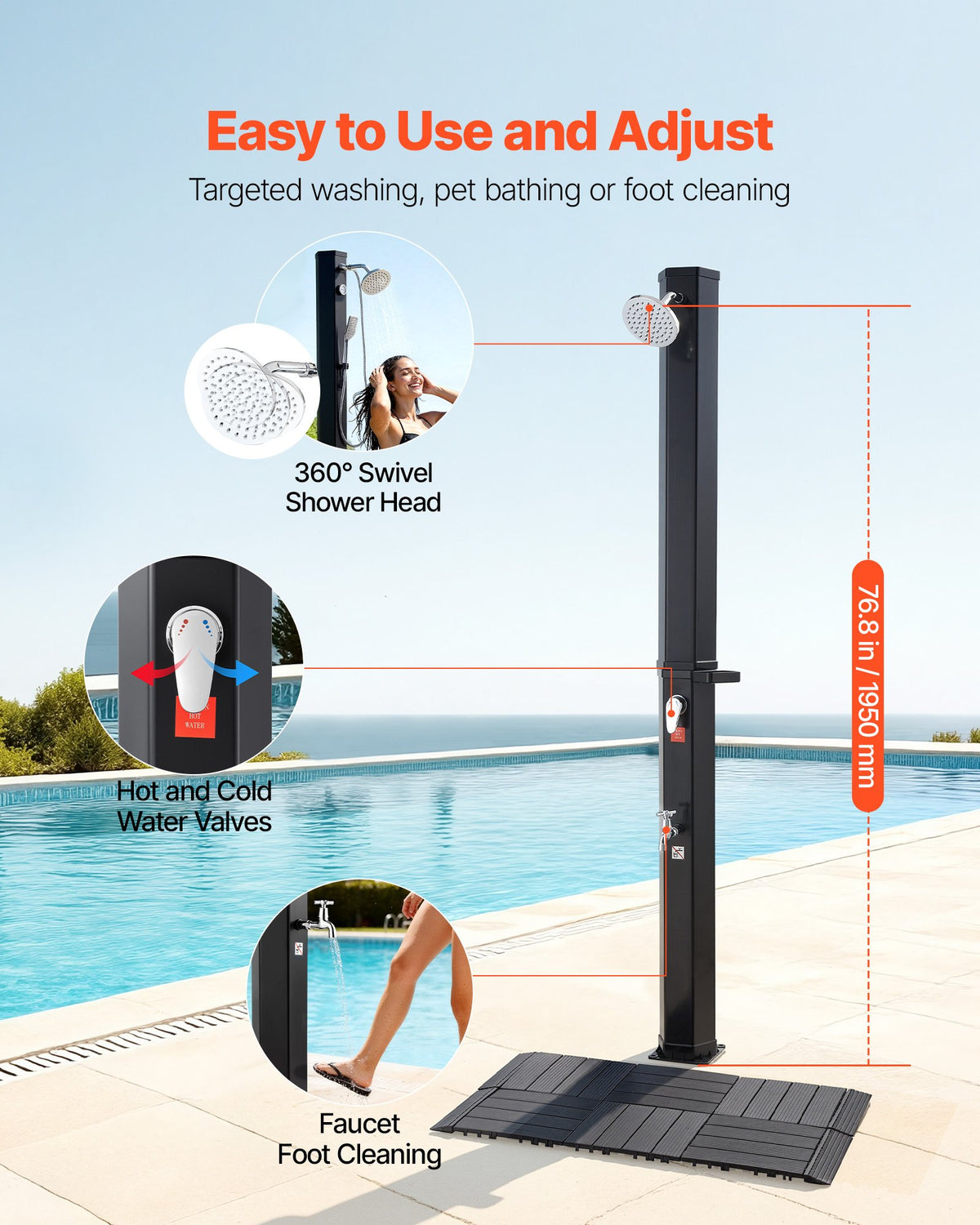 VEVOR 35L Solar Heated Shower, 195cm Showerhead Height Outdoor Shower, with Floor Kit & Foot Faucet, Hot & Cold Water Adjustment, Freestanding for Backyard Poolside Beach Pool,Black