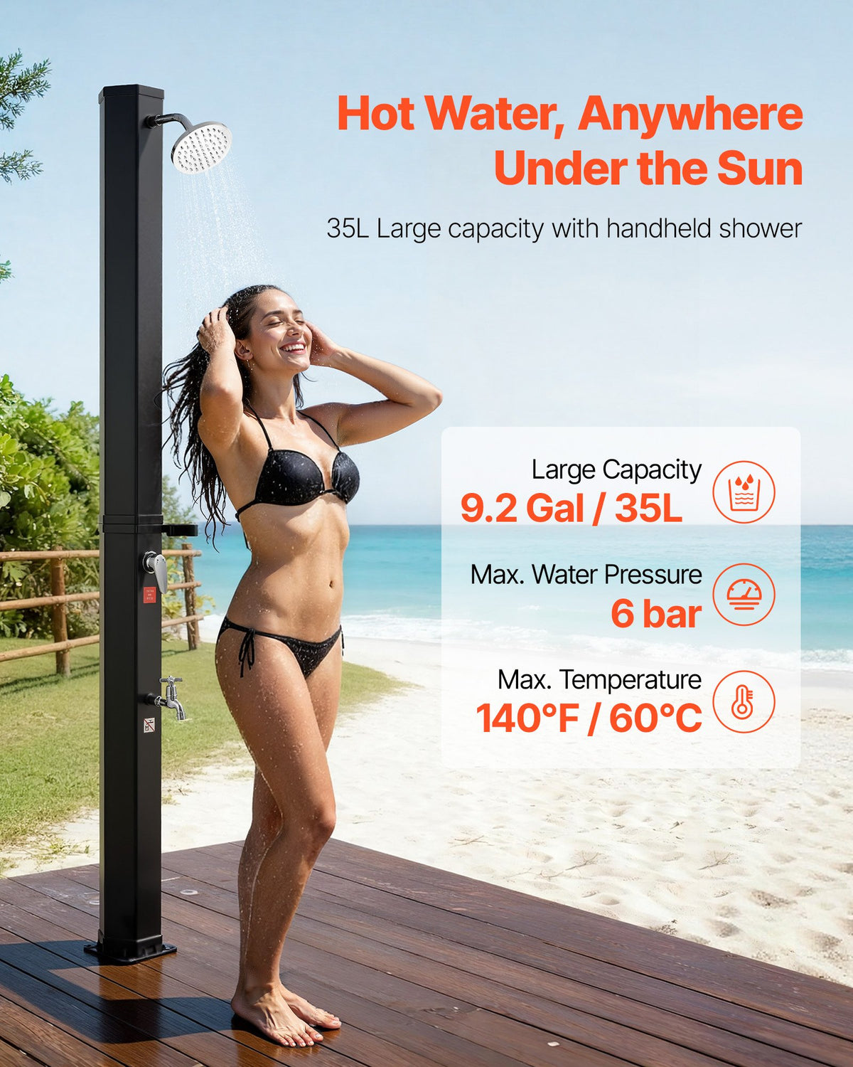 VEVOR 35L Solar Heated Shower, 195cm Showerhead Height Outdoor Shower, with Foot Faucet & Soap Box Rack, Hot & Cold Water Adjustment, Freestanding for Backyard Poolside Beach Pool,Black