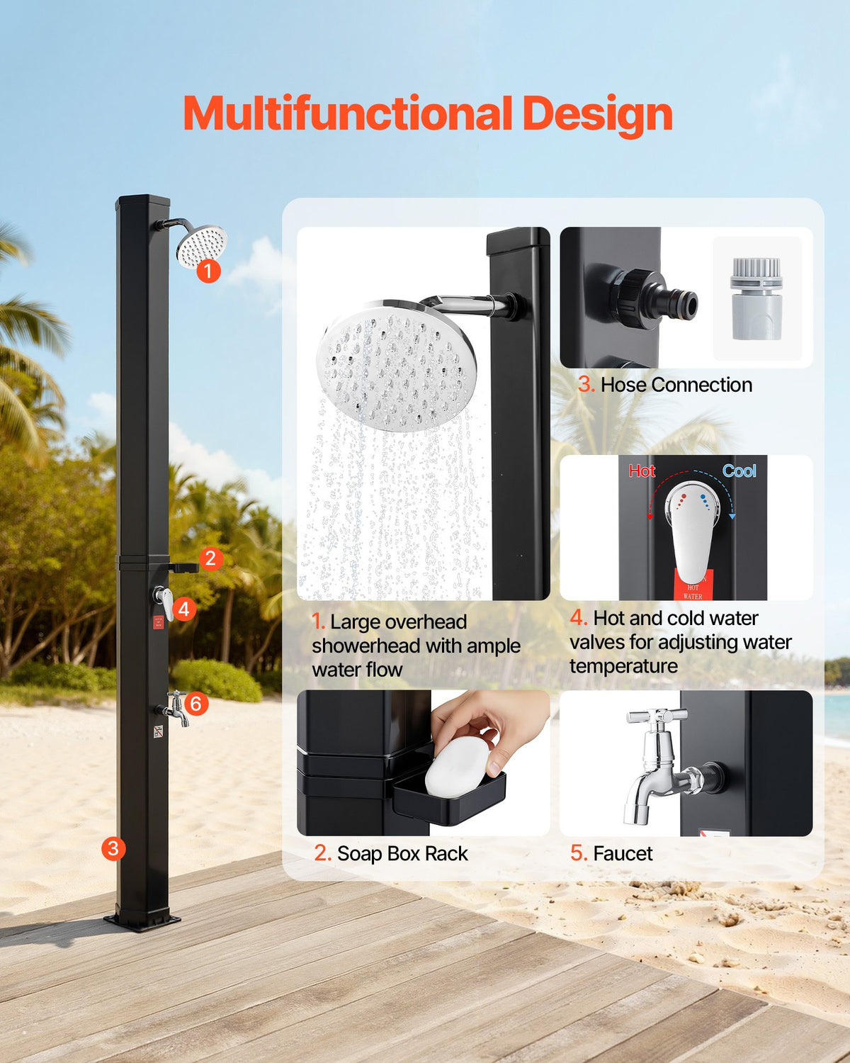 VEVOR 35L Solar Heated Shower, 195cm Showerhead Height Outdoor Shower, with Foot Faucet & Soap Box Rack, Hot & Cold Water Adjustment, Freestanding for Backyard Poolside Beach Pool,Black