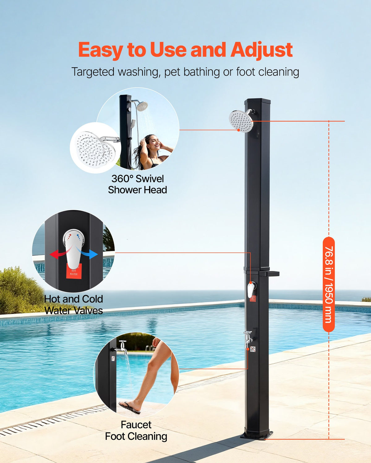VEVOR 35L Solar Heated Shower, 195cm Showerhead Height Outdoor Shower, with Foot Faucet & Soap Box Rack, Hot & Cold Water Adjustment, Freestanding for Backyard Poolside Beach Pool,Black