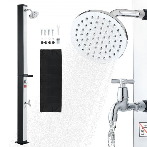 VEVOR 35L Solar Heated Shower, 195cm Showerhead Height Outdoor Shower, with Foot Faucet & Soap Box Rack, Hot & Cold Water Adjustment, Freestanding for Backyard Poolside Beach Pool,Black Silver