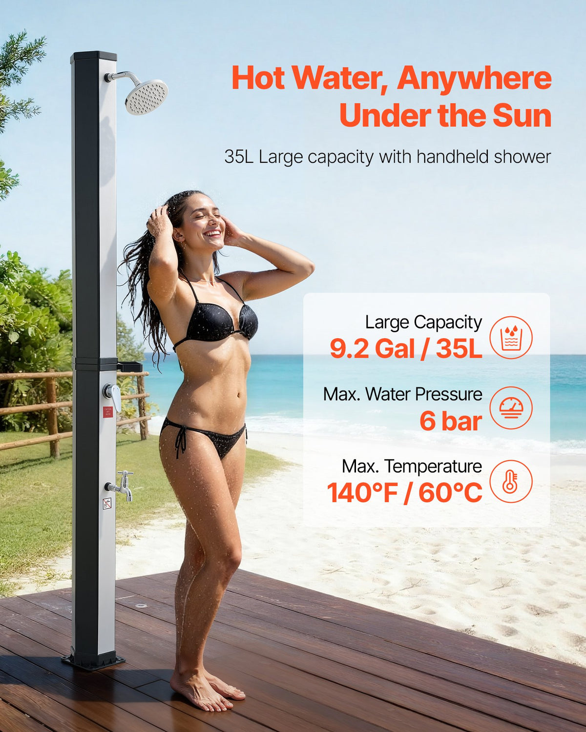 VEVOR 35L Solar Heated Shower, 195cm Showerhead Height Outdoor Shower, with Foot Faucet & Soap Box Rack, Hot & Cold Water Adjustment, Freestanding for Backyard Poolside Beach Pool,Black Silver