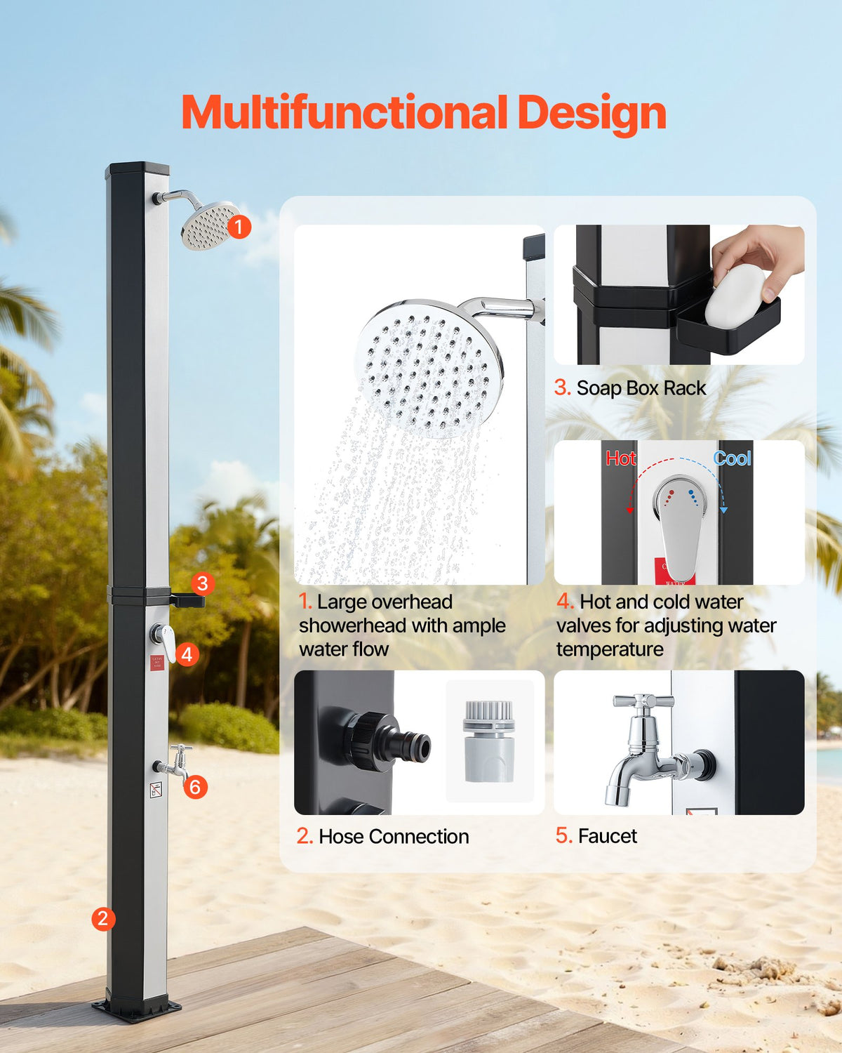 VEVOR 35L Solar Heated Shower, 195cm Showerhead Height Outdoor Shower, with Foot Faucet & Soap Box Rack, Hot & Cold Water Adjustment, Freestanding for Backyard Poolside Beach Pool,Black Silver