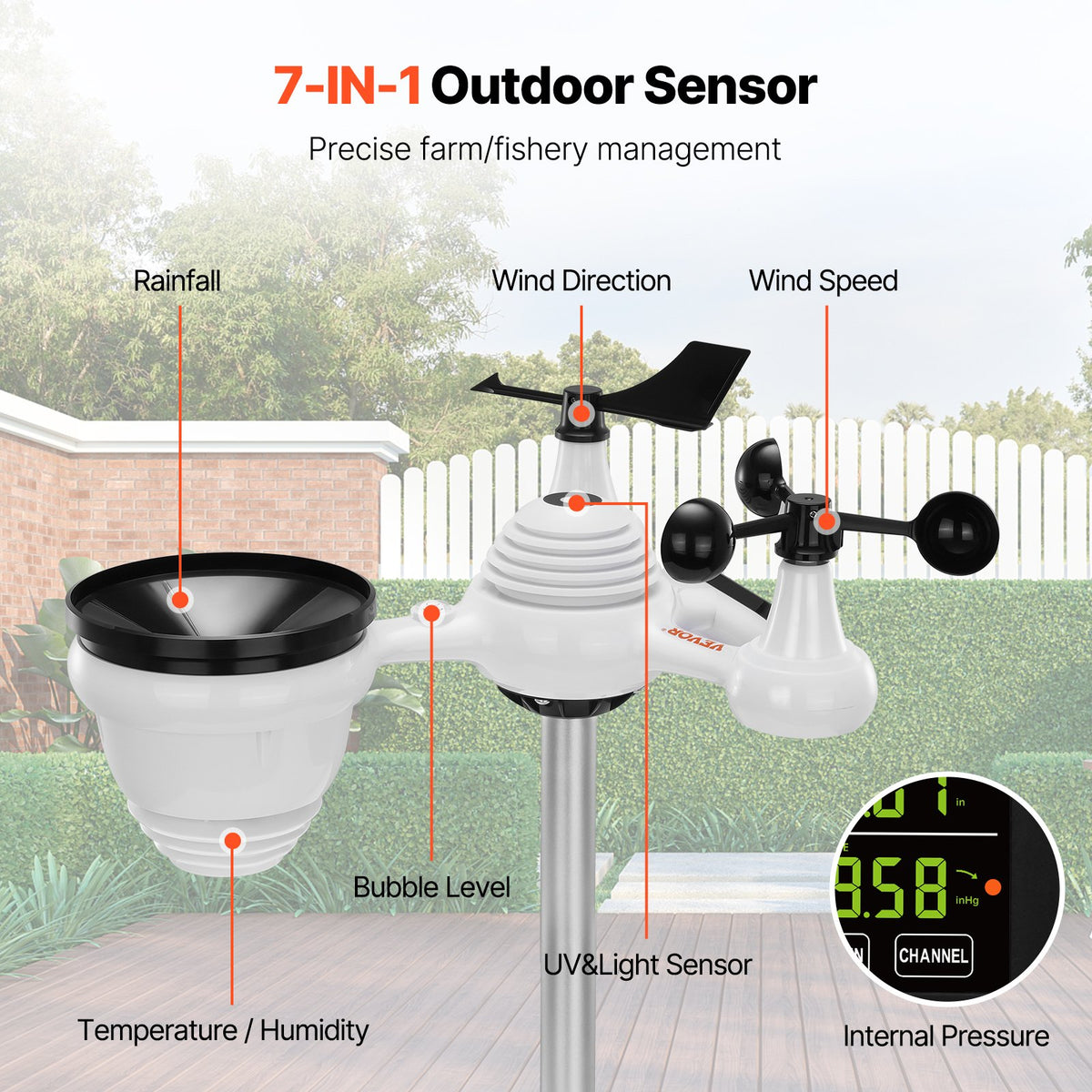 VEVOR 7-in-1 Wireless Weather Station, 19 cm (7.5-inch) Large Color Display, Digital Home Weather Station Indoor Outdoor, for Temperature Humidity Wind Speed/Direction Rain UV, with Forecast Data, Alarm, Alerts