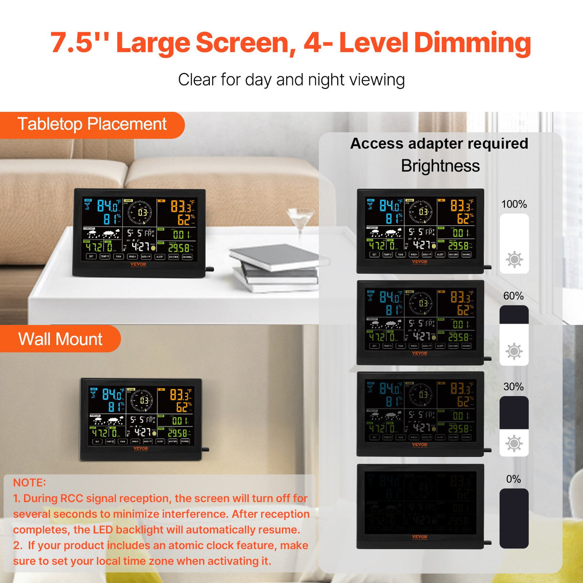 VEVOR 7-in-1 Wireless Weather Station, 19 cm (7.5-inch) Large Color Display, Digital Home Weather Station Indoor Outdoor, for Temperature Humidity Wind Speed/Direction Rain UV, with Forecast Data, Alarm, Alerts